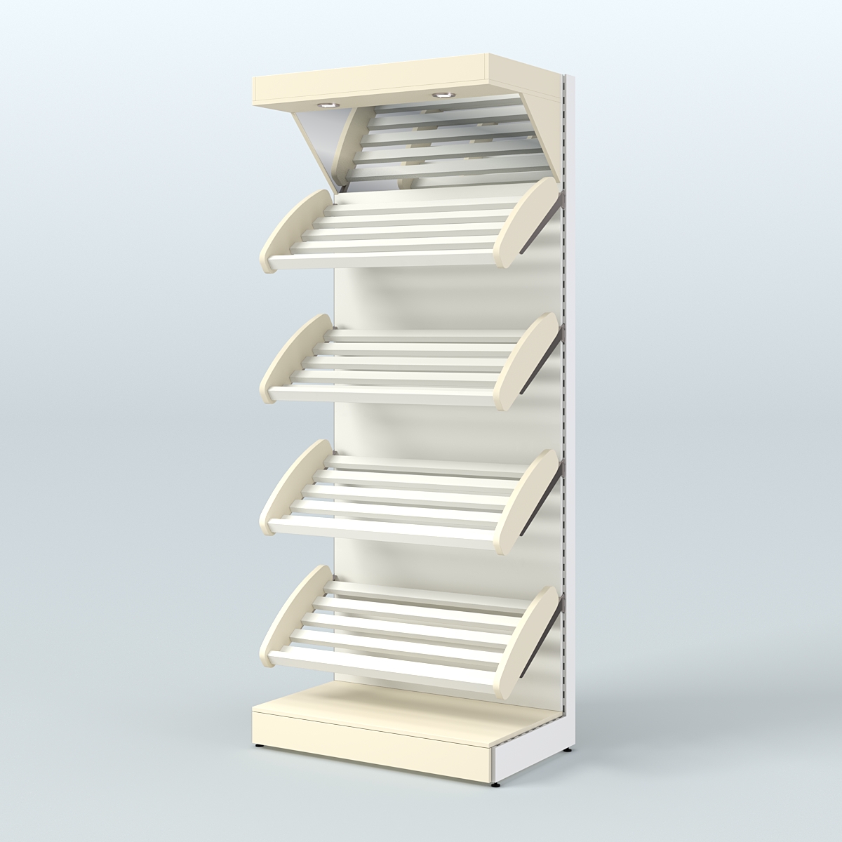 Стеллаж для продажи хлеба и выпечки с полками - корзинами и верхним зеркальным фризом СХФ-01 Крем Вайс + Белый