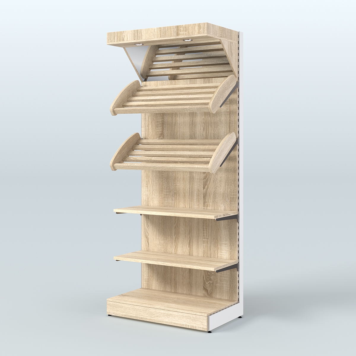 Пристенный стеллаж для продажи хлеба и выпечки с полками - корзинами и верхним зеркальным фризом СХФ-02 Дуб сонома