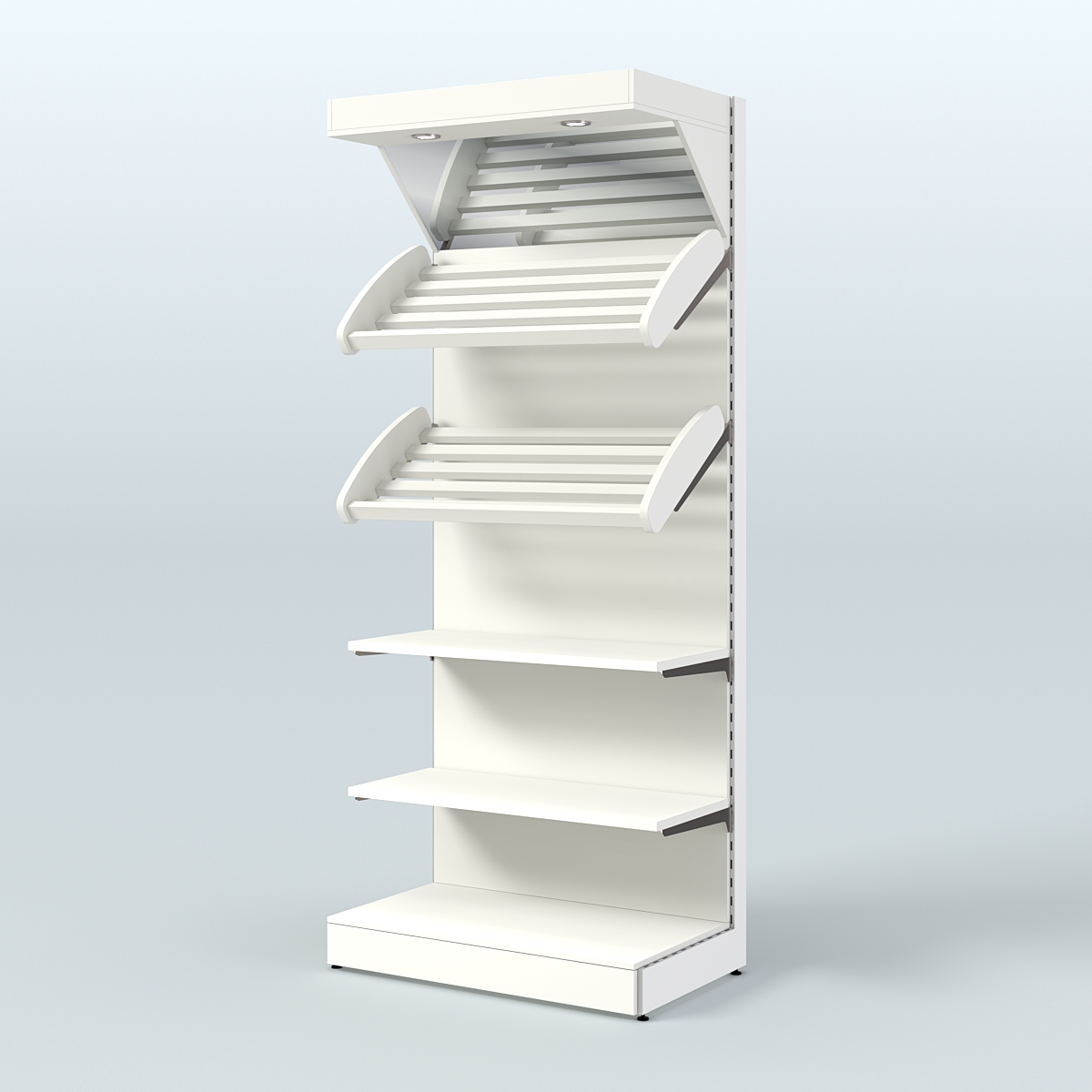 Пристенный стеллаж для продажи хлеба и выпечки с полками - корзинами и верхним зеркальным фризом СХФ-02 Белый