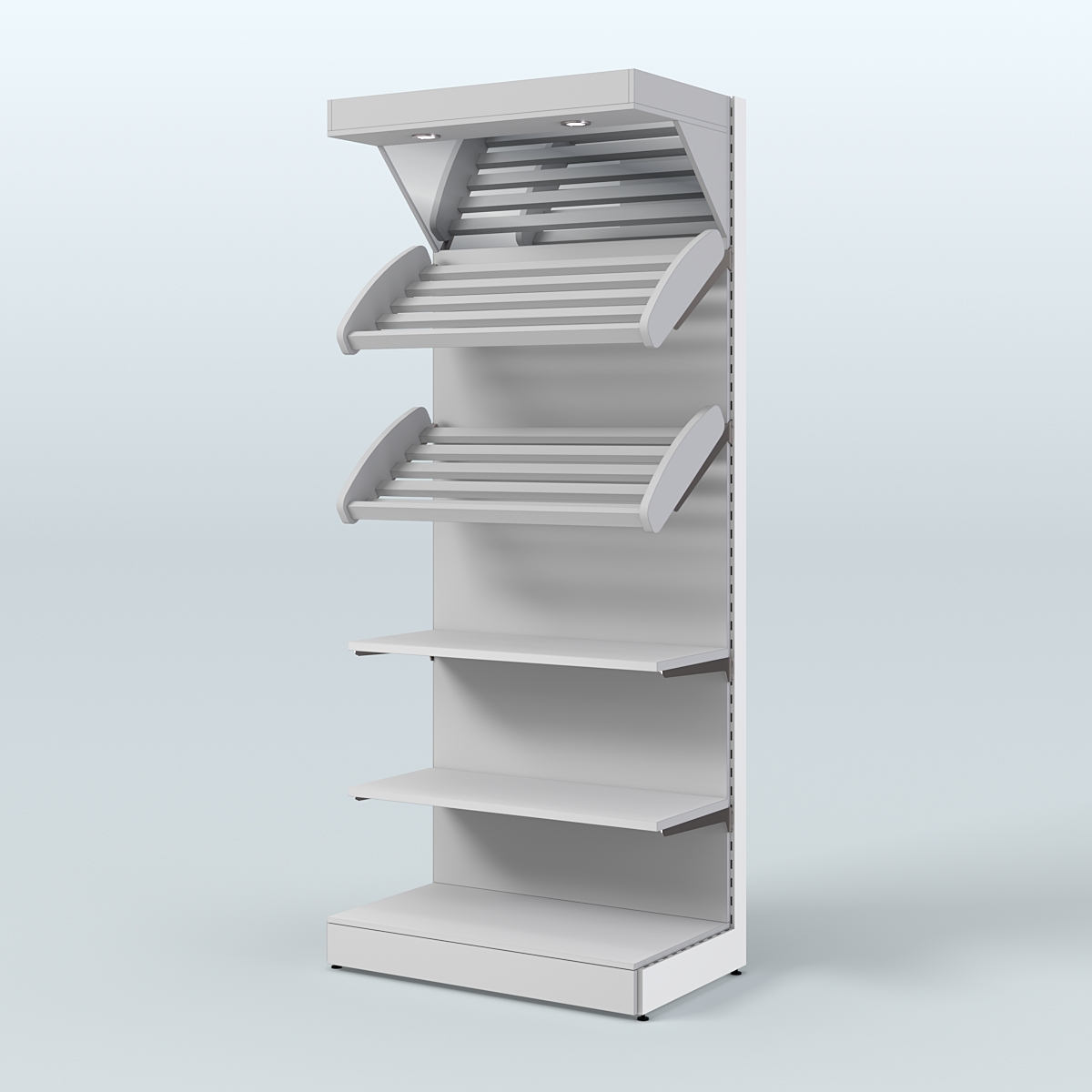 Пристенный стеллаж для продажи хлеба и выпечки с полками - корзинами и верхним зеркальным фризом СХФ-02 Серый