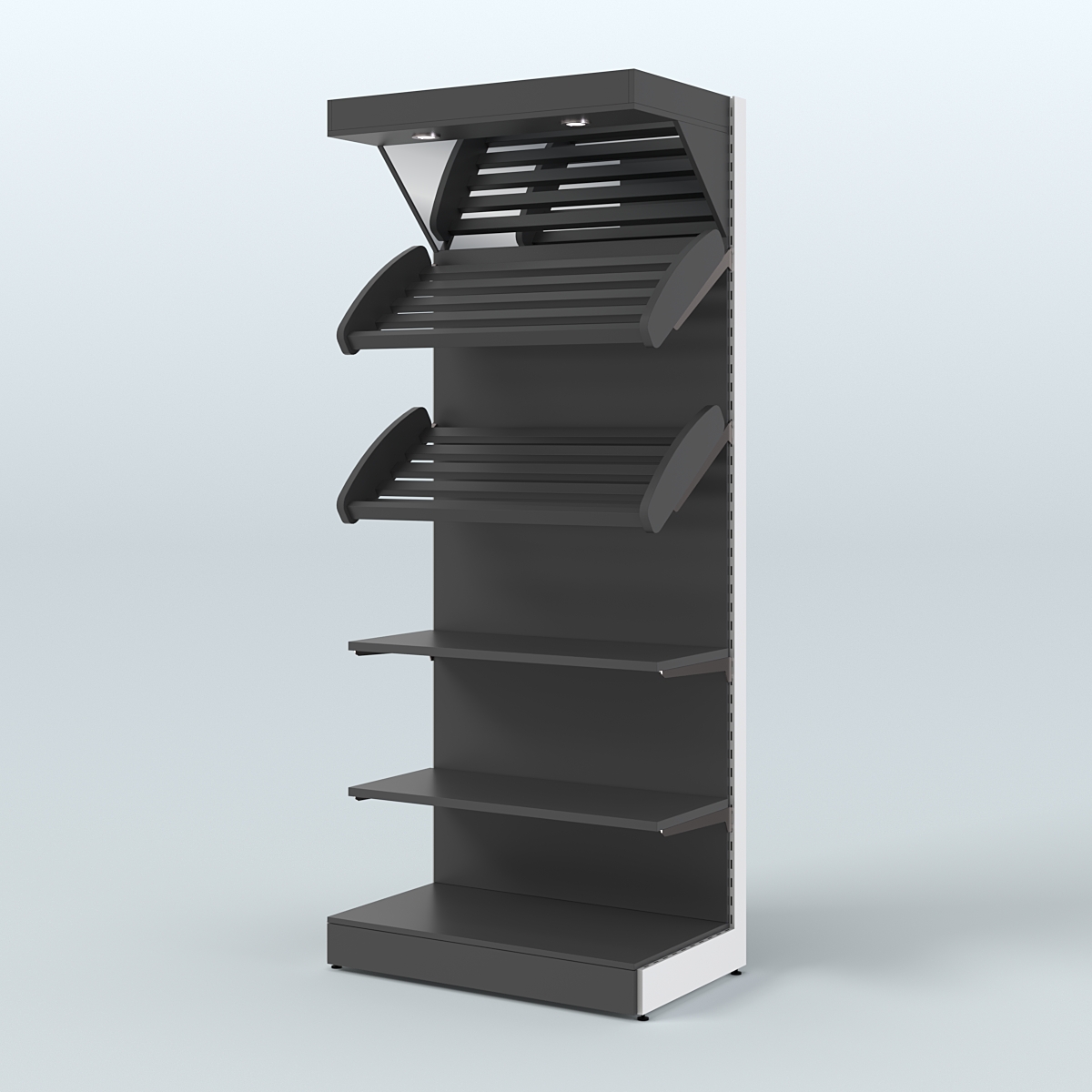 Пристенный стеллаж для продажи хлеба и выпечки с полками - корзинами и верхним зеркальным фризом СХФ-02 Черный