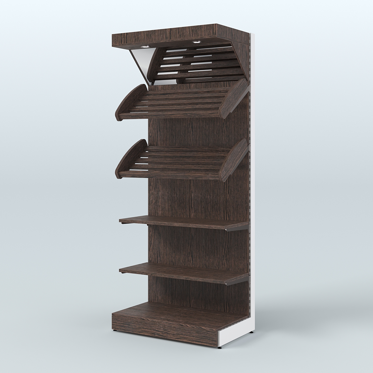 Пристенный стеллаж для продажи хлеба и выпечки с полками - корзинами и верхним зеркальным фризом СХФ-02 Дуб Венге