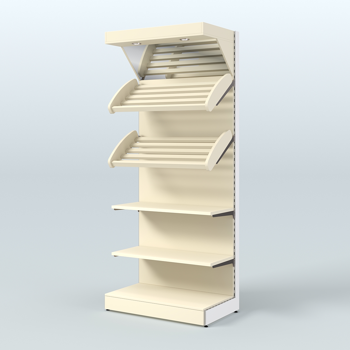 Пристенный стеллаж для продажи хлеба и выпечки с полками - корзинами и верхним зеркальным фризом СХФ-02 Крем Вайс