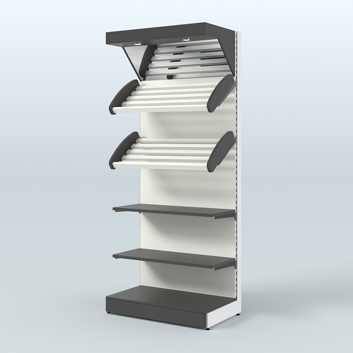 Пристенный стеллаж для продажи хлеба и выпечки с полками - корзинами и верхним зеркальным фризом СХФ-02 Черный и Белый