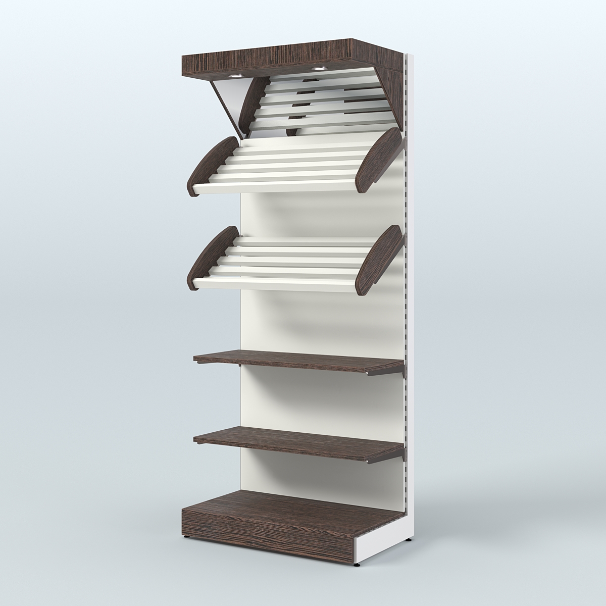 Пристенный стеллаж для продажи хлеба и выпечки с полками - корзинами и верхним зеркальным фризом СХФ-02 Дуб Венге + Белый