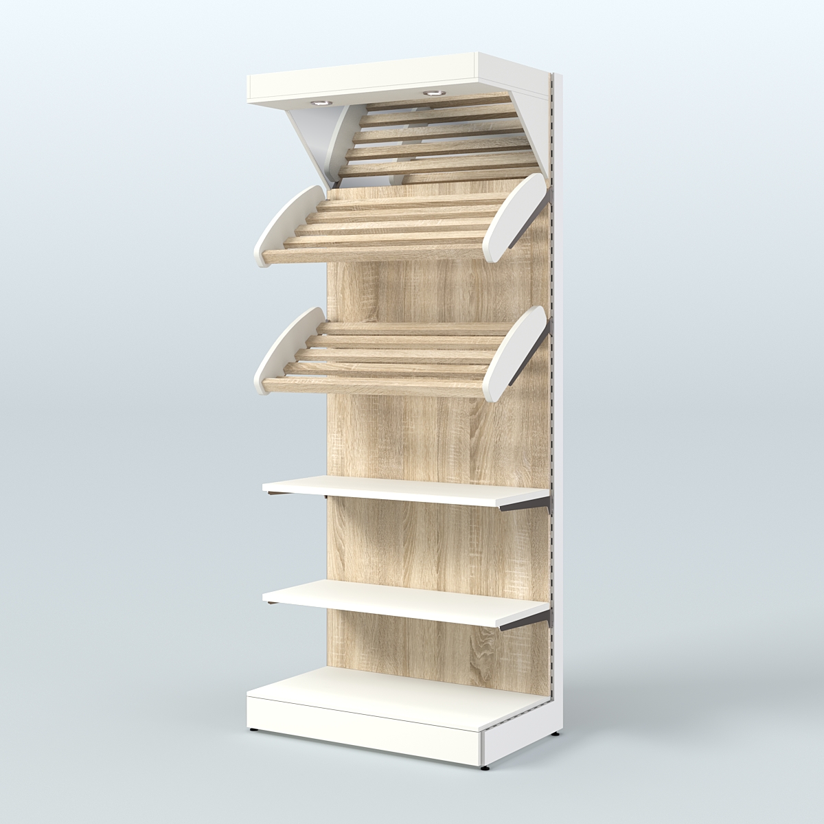 Пристенный стеллаж для продажи хлеба и выпечки с полками - корзинами и верхним зеркальным фризом СХФ-02 Белый + Дуб Сонома