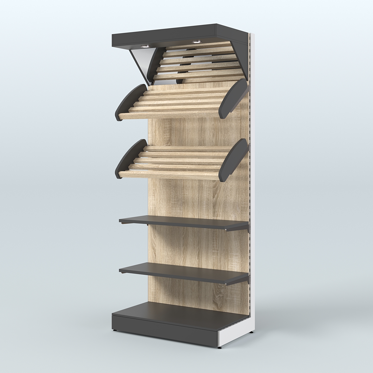 Пристенный стеллаж для продажи хлеба и выпечки с полками - корзинами и верхним зеркальным фризом СХФ-02 Черный + Дуб Сонома