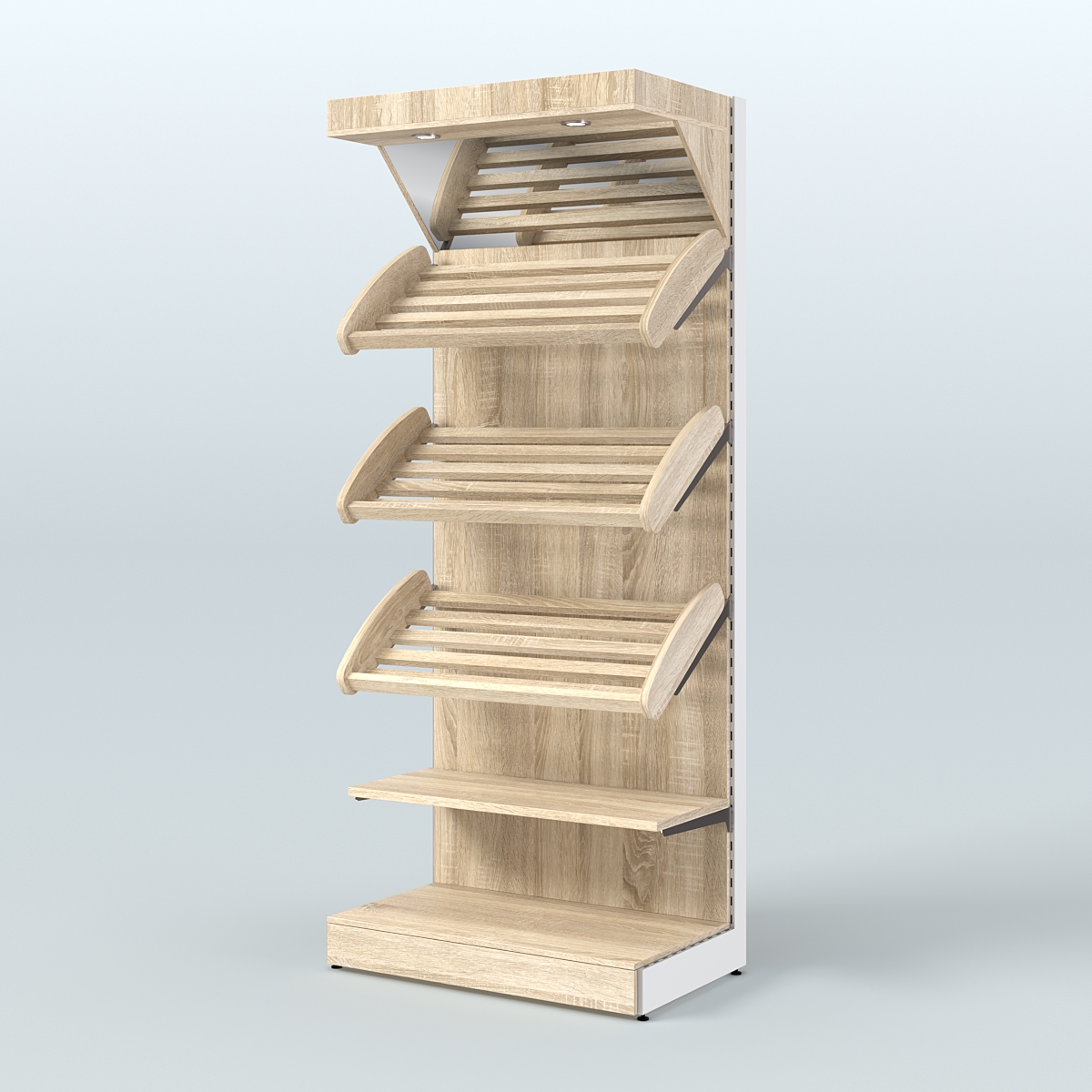 Высокий стеллаж для продажи хлеба и выпечки с полками - корзинами и верхним зеркальным фризом СХФ-03 Дуб сонома