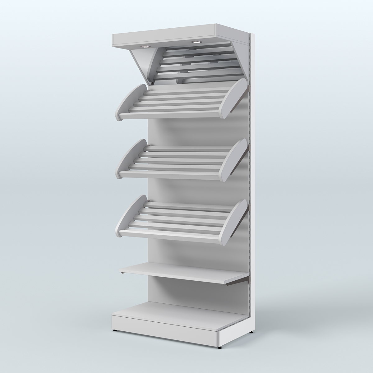 Высокий стеллаж для продажи хлеба и выпечки с полками - корзинами и верхним зеркальным фризом СХФ-03 Серый