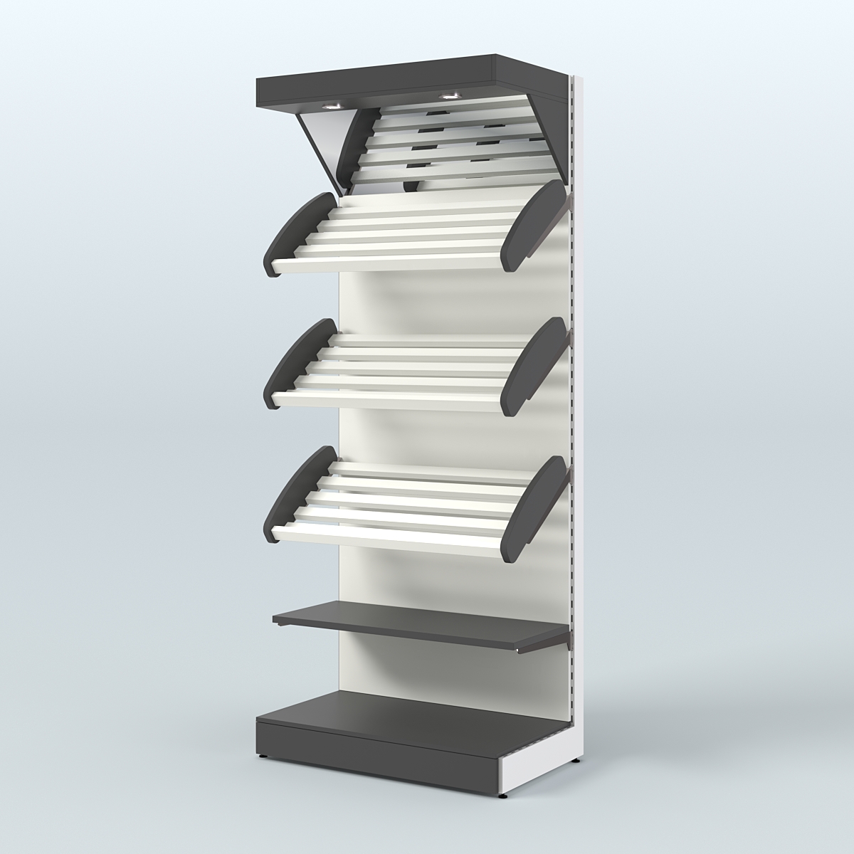 Высокий стеллаж для продажи хлеба и выпечки с полками - корзинами и верхним зеркальным фризом СХФ-03 Черный и Белый