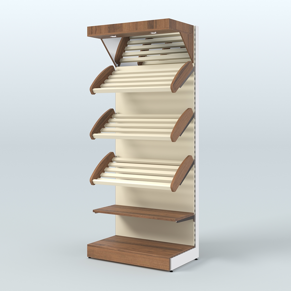 Высокий стеллаж для продажи хлеба и выпечки с полками - корзинами и верхним зеркальным фризом СХФ-03 Орех + Крем Вайс