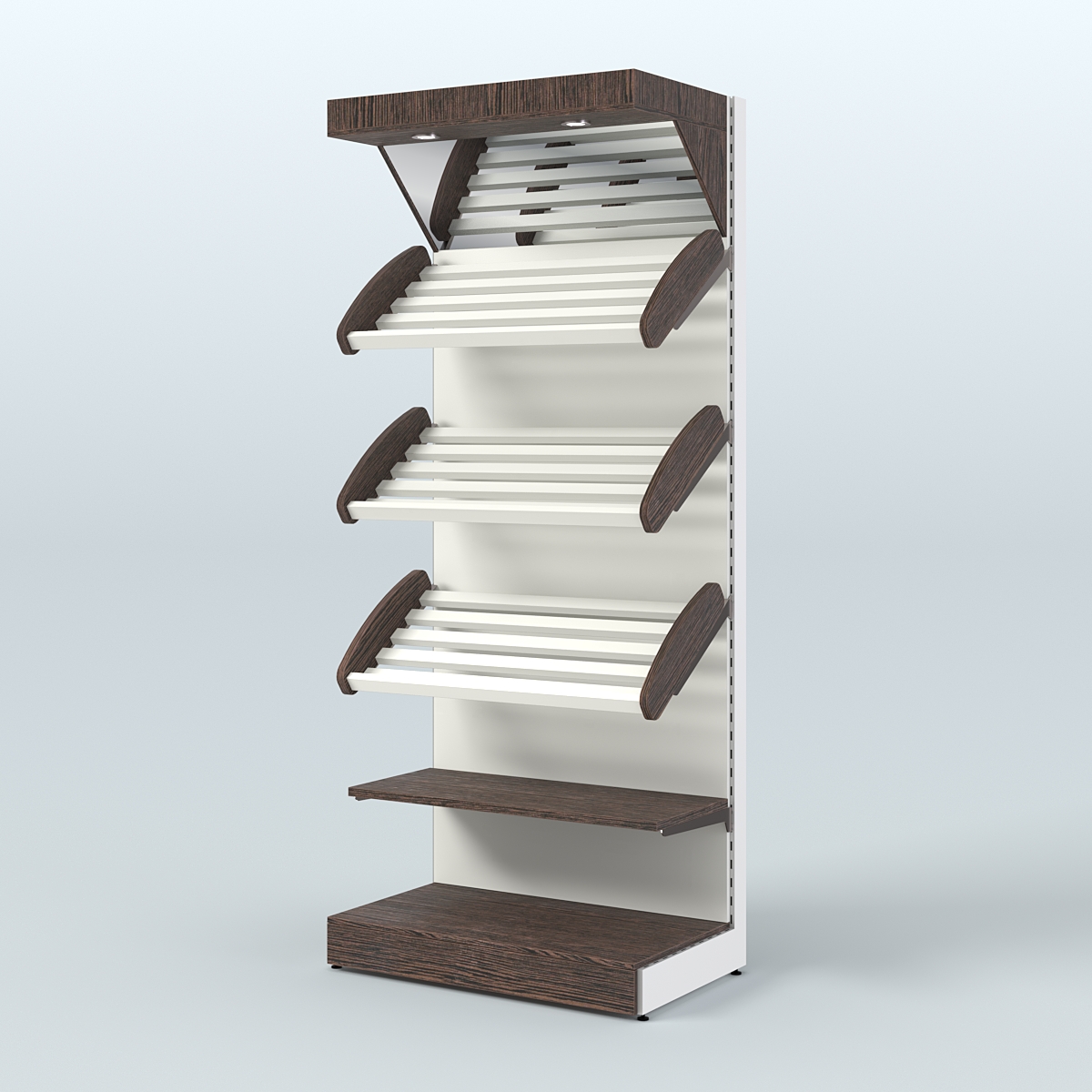 Высокий стеллаж для продажи хлеба и выпечки с полками - корзинами и верхним зеркальным фризом СХФ-03 Дуб Венге + Белый