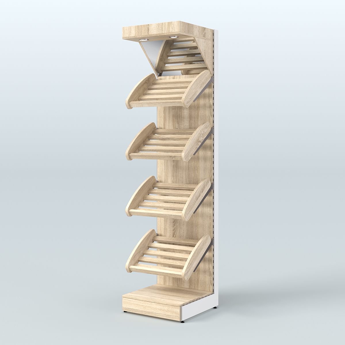 Узкий стеллаж для продажи хлеба и выпечки с полками - корзинами и верхним зеркальным фризом СХФ-04 Дуб сонома