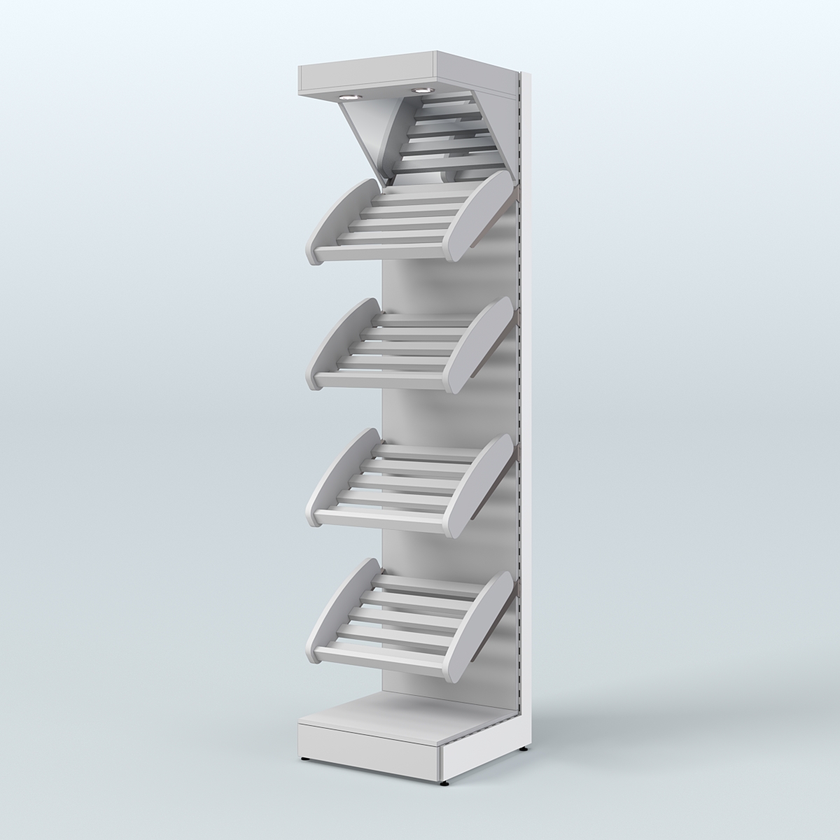 Узкий стеллаж для продажи хлеба и выпечки с полками - корзинами и верхним зеркальным фризом СХФ-04 Серый