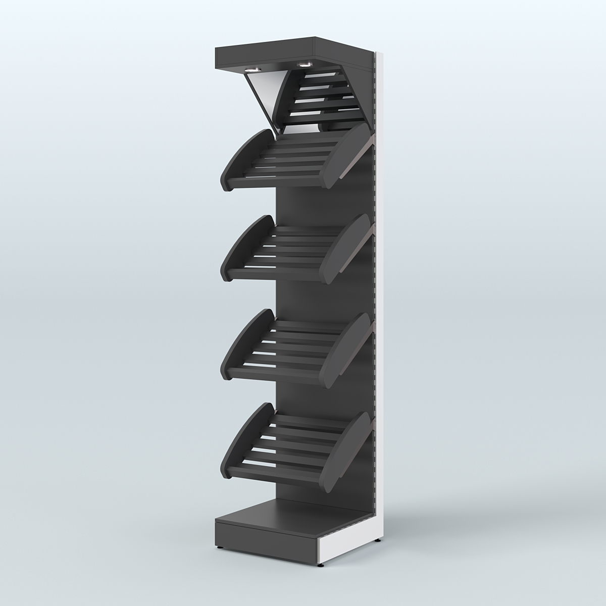 Узкий стеллаж для продажи хлеба и выпечки с полками - корзинами и верхним зеркальным фризом СХФ-04 Черный