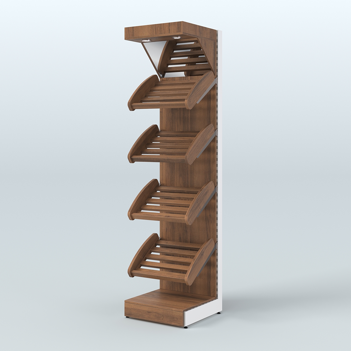 Узкий стеллаж для продажи хлеба и выпечки с полками - корзинами и верхним зеркальным фризом СХФ-04 Орех