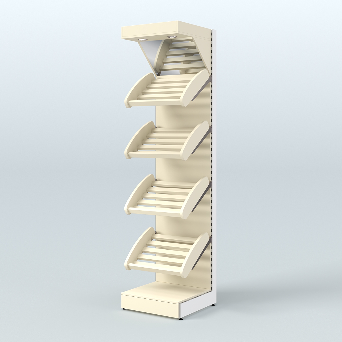 Узкий стеллаж для продажи хлеба и выпечки с полками - корзинами и верхним зеркальным фризом СХФ-04 Крем Вайс