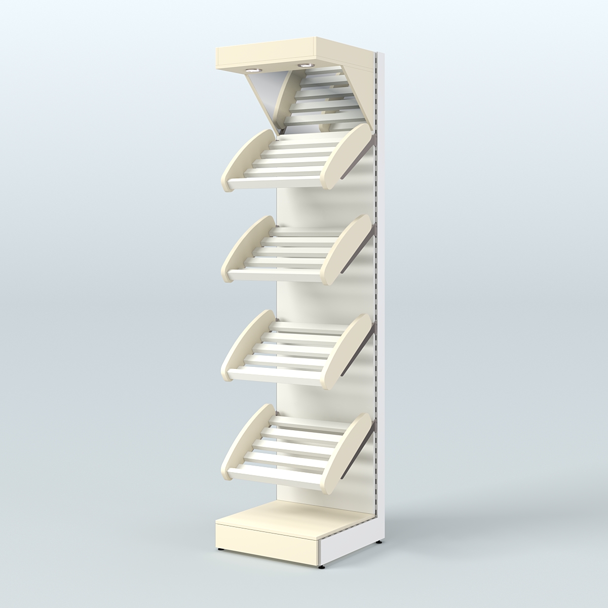 Узкий стеллаж для продажи хлеба и выпечки с полками - корзинами и верхним зеркальным фризом СХФ-04 Крем Вайс + Белый