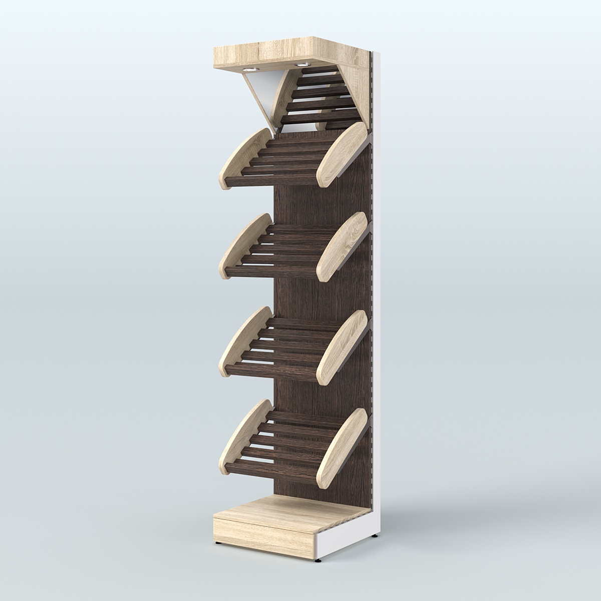 Узкий стеллаж для продажи хлеба и выпечки с полками - корзинами и верхним зеркальным фризом СХФ-04 Дуб Сонома + Дуб Венге