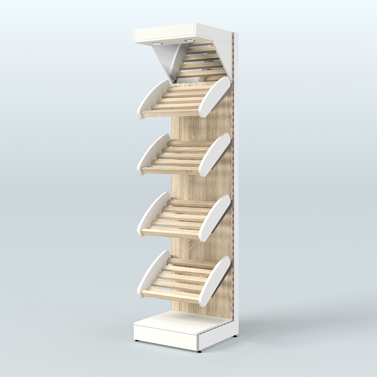 Узкий стеллаж для продажи хлеба и выпечки с полками - корзинами и верхним зеркальным фризом СХФ-04 Белый + Дуб Сонома