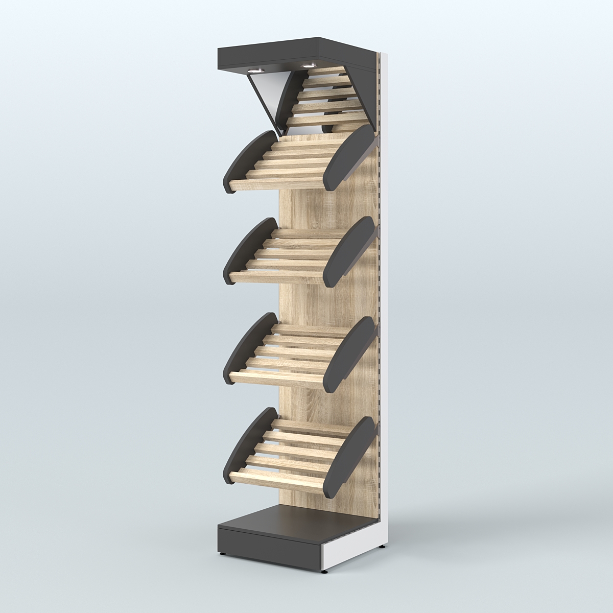 Узкий стеллаж для продажи хлеба и выпечки с полками - корзинами и верхним зеркальным фризом СХФ-04 Черный + Дуб Сонома