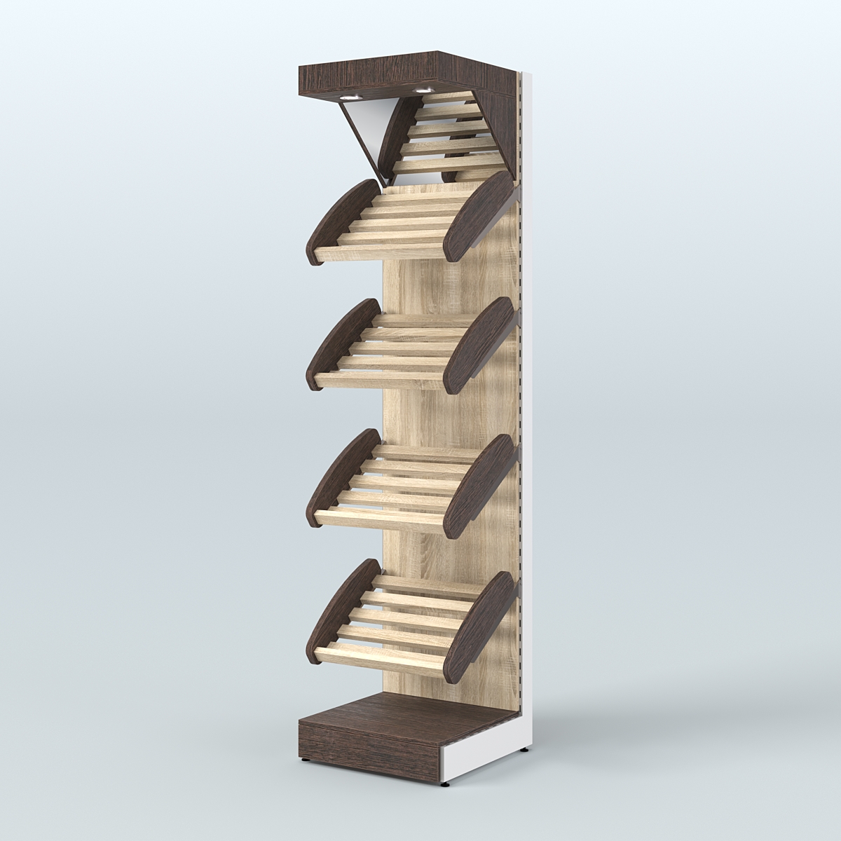 Узкий стеллаж для продажи хлеба и выпечки с полками - корзинами и верхним зеркальным фризом СХФ-04 Дуб Венге + Дуб Сонома