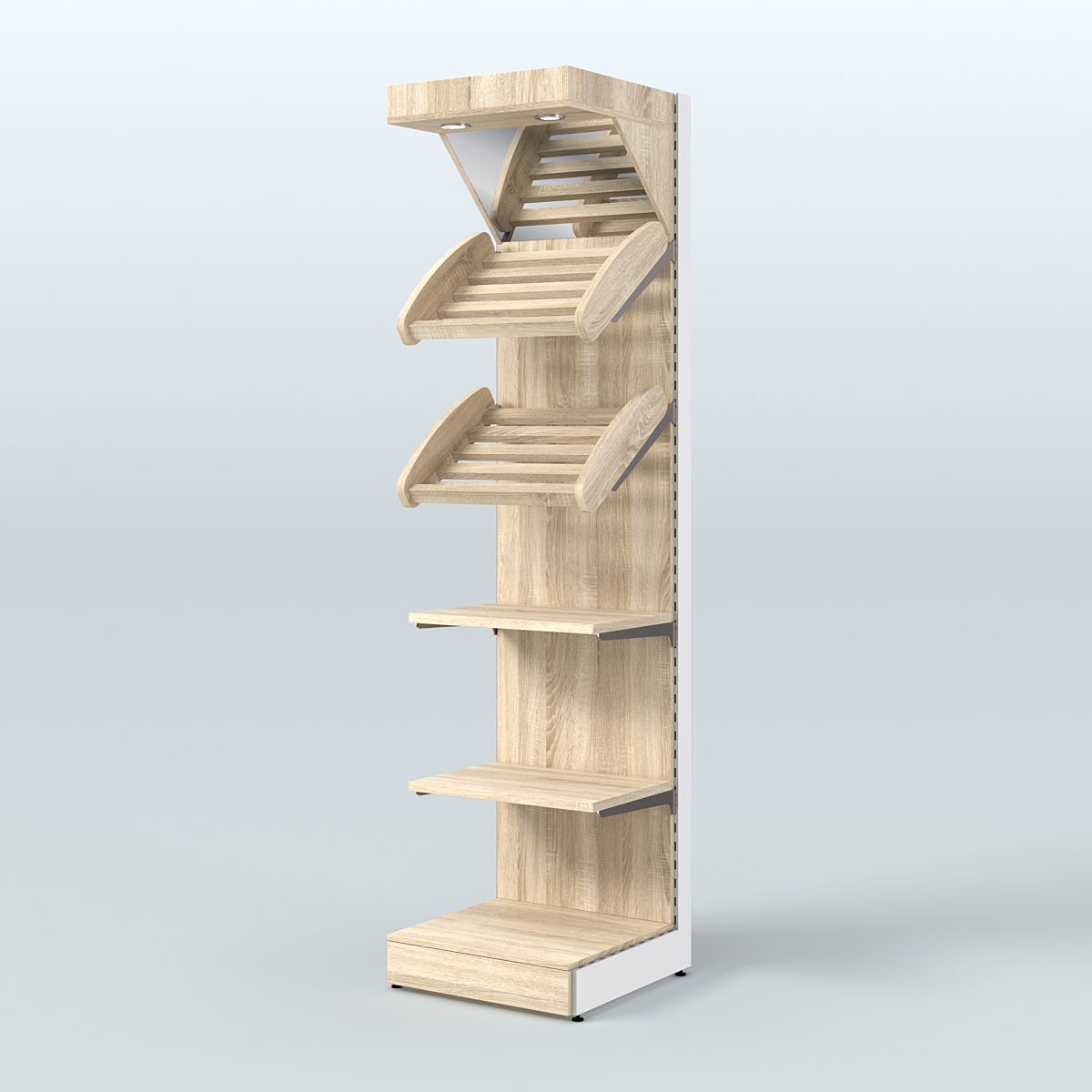 Малый стеллаж для продажи хлеба и выпечки с полками - корзинами и верхним зеркальным фризом СХФ-05 Дуб сонома