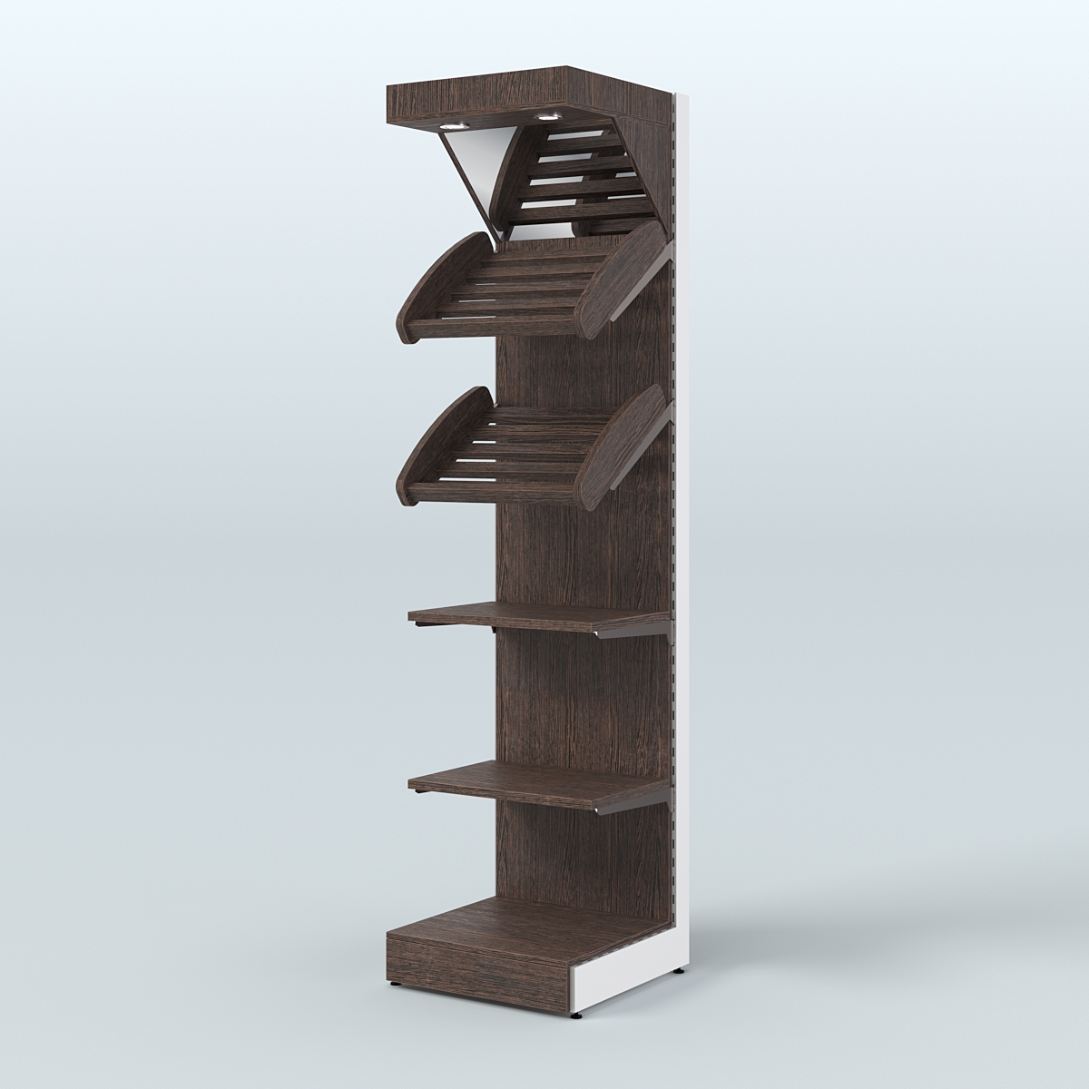 Малый стеллаж для продажи хлеба и выпечки с полками - корзинами и верхним зеркальным фризом СХФ-05 Дуб Венге