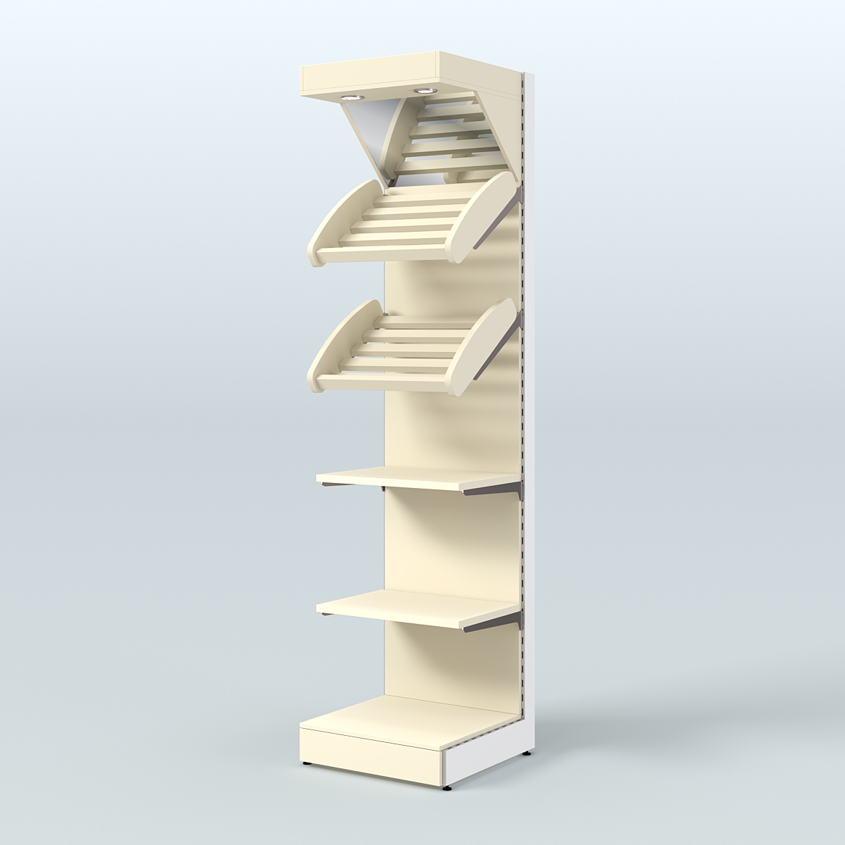 Малый стеллаж для продажи хлеба и выпечки с полками - корзинами и верхним зеркальным фризом СХФ-05 Крем Вайс