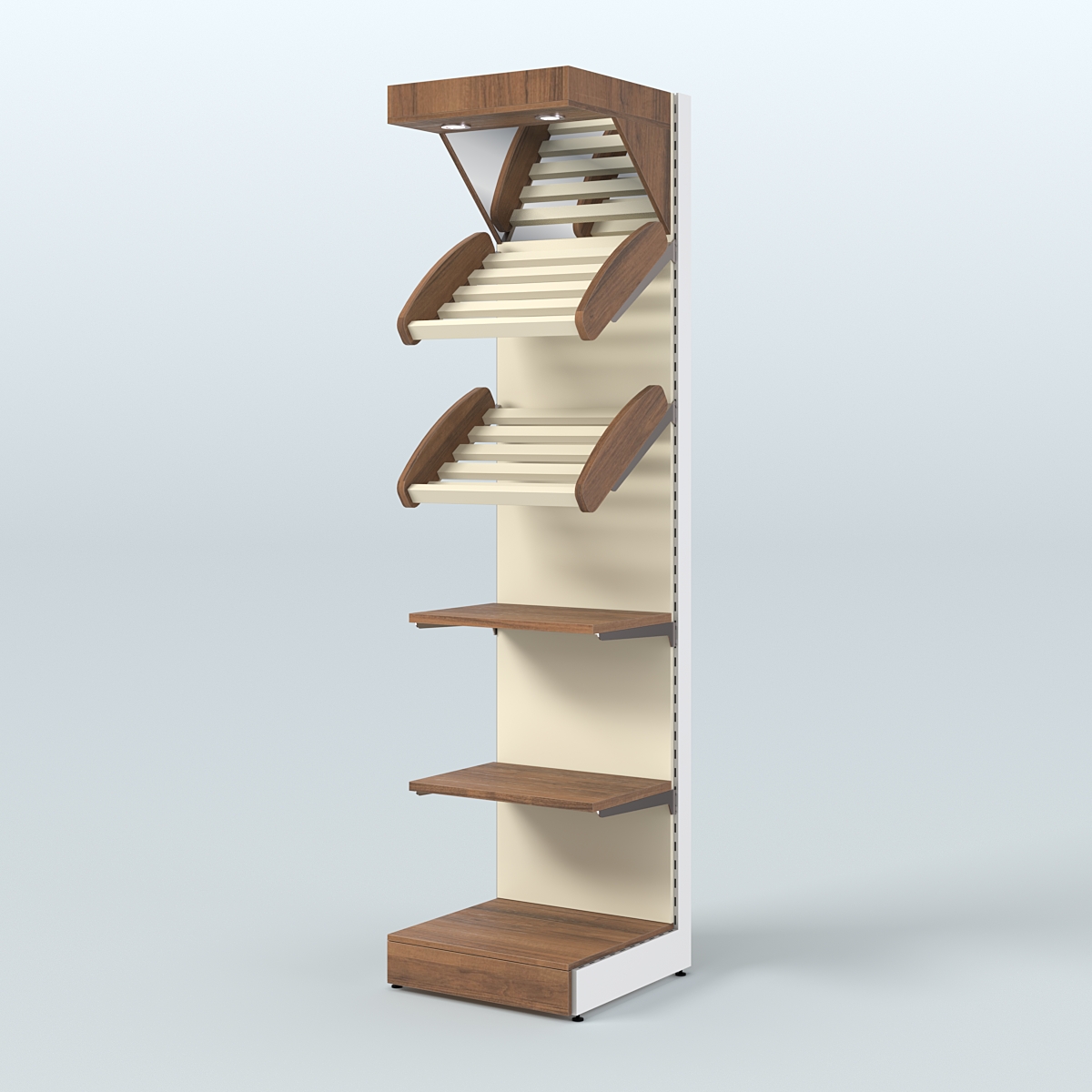 Малый стеллаж для продажи хлеба и выпечки с полками - корзинами и верхним зеркальным фризом СХФ-05 Орех + Крем Вайс