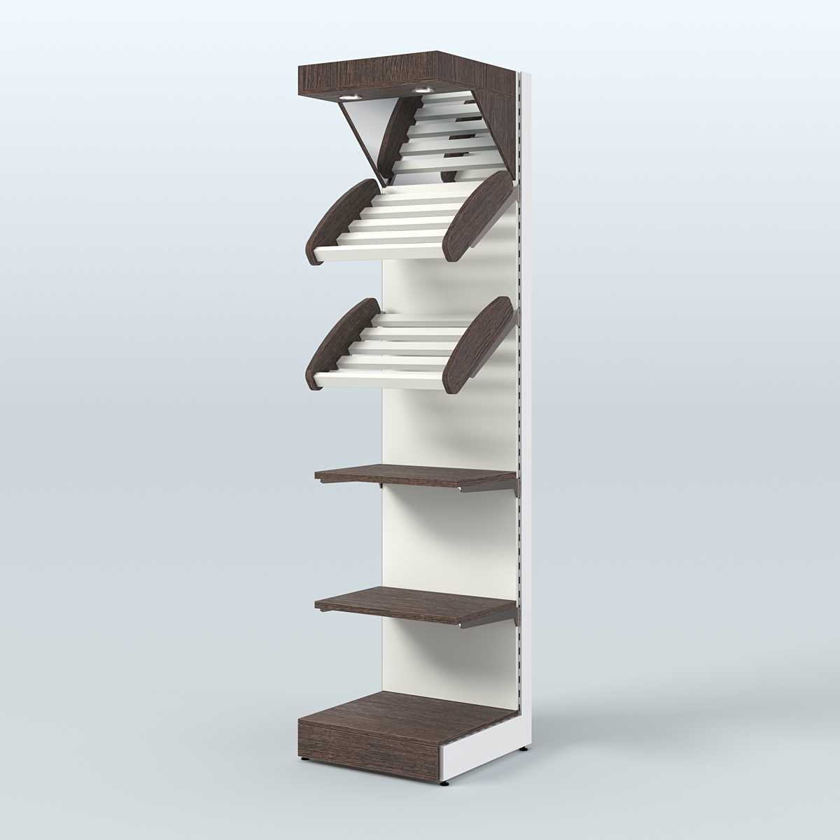 Малый стеллаж для продажи хлеба и выпечки с полками - корзинами и верхним зеркальным фризом СХФ-05 Дуб Венге + Белый