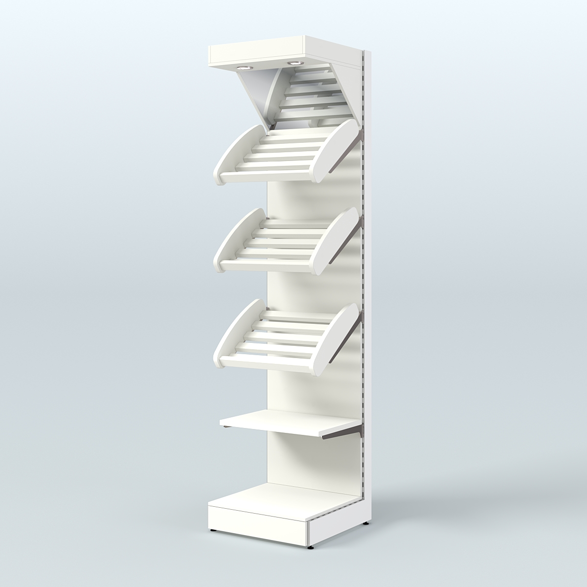 Средний стеллаж для продажи хлеба и выпечки с полками - корзинами и верхним зеркальным фризом СХФ-06 Белый