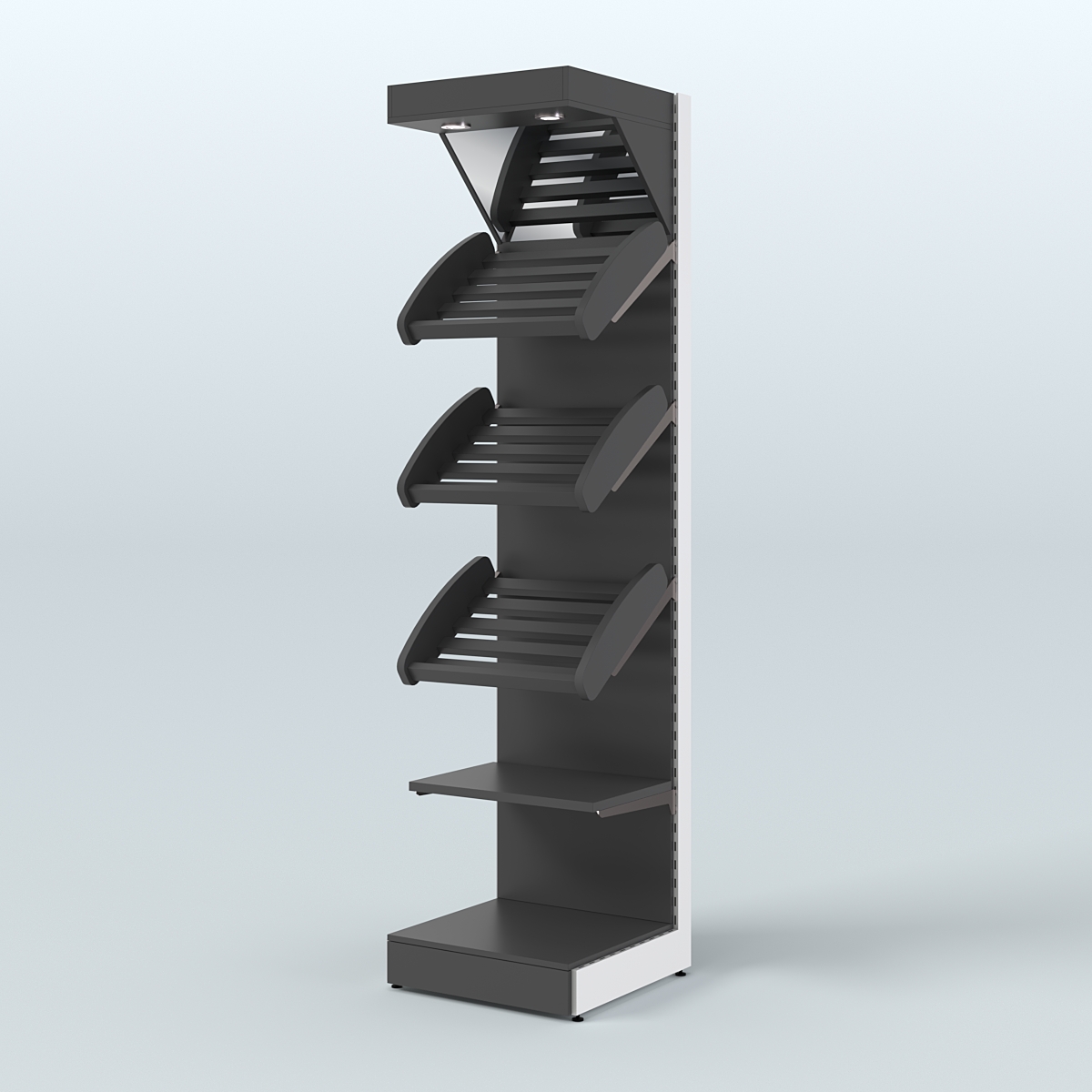 Средний стеллаж для продажи хлеба и выпечки с полками - корзинами и верхним зеркальным фризом СХФ-06 Черный