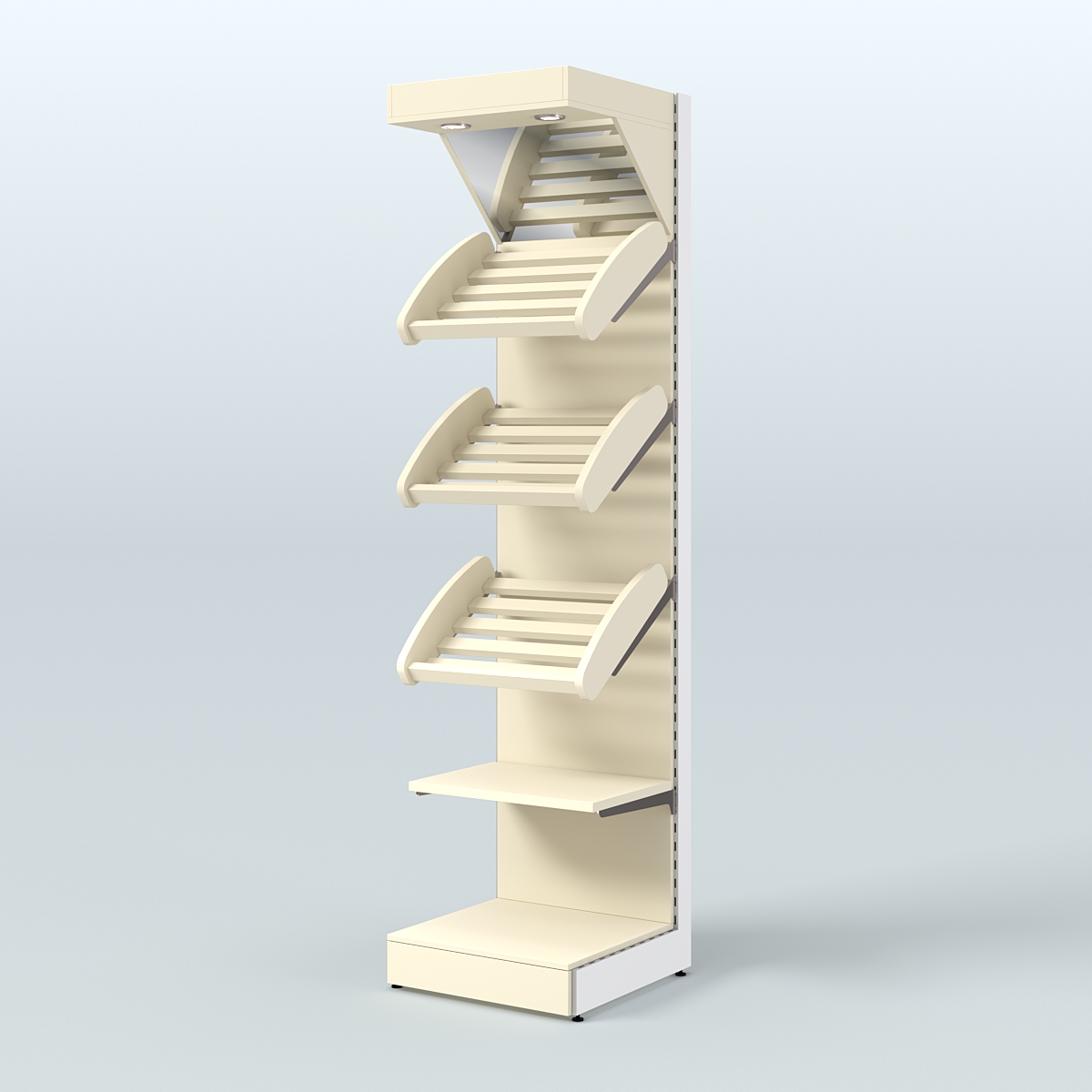 Средний стеллаж для продажи хлеба и выпечки с полками - корзинами и верхним зеркальным фризом СХФ-06 Крем Вайс