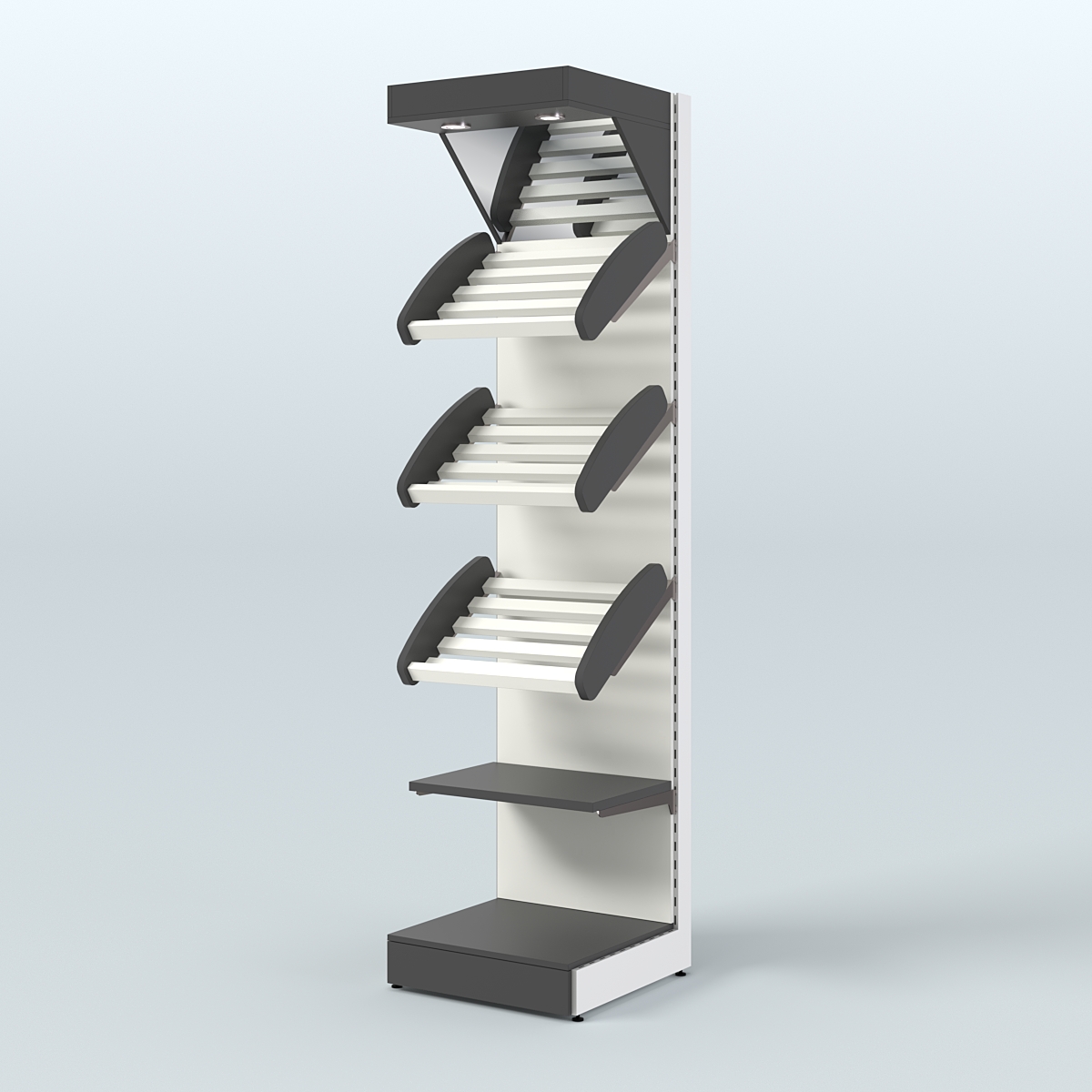 Средний стеллаж для продажи хлеба и выпечки с полками - корзинами и верхним зеркальным фризом СХФ-06 Черный и Белый