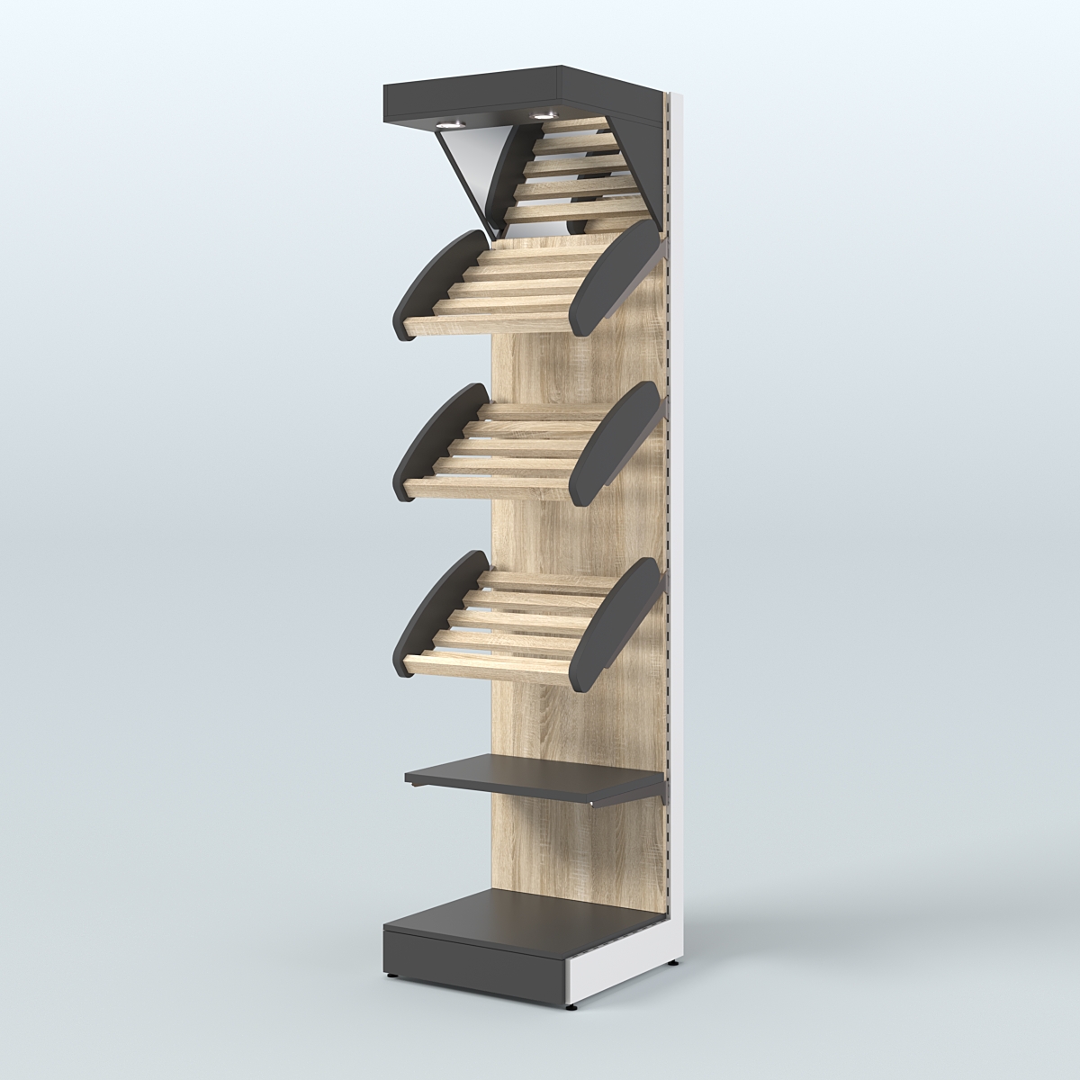 Средний стеллаж для продажи хлеба и выпечки с полками - корзинами и верхним зеркальным фризом СХФ-06 Черный + Дуб Сонома