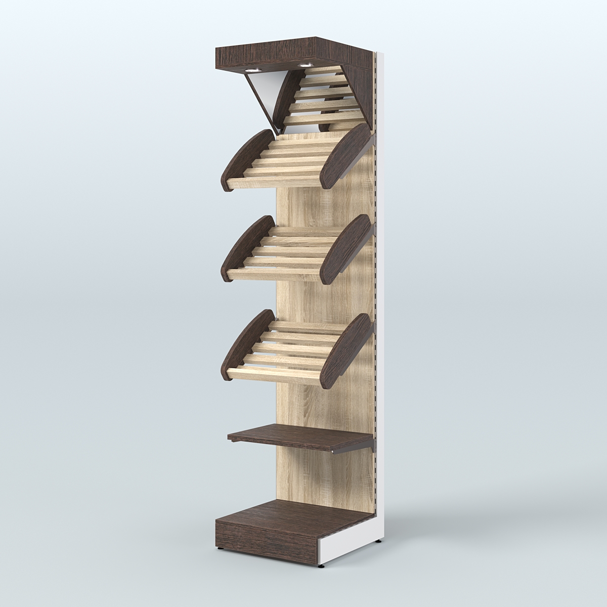 Средний стеллаж для продажи хлеба и выпечки с полками - корзинами и верхним зеркальным фризом СХФ-06 Дуб Венге + Дуб Сонома