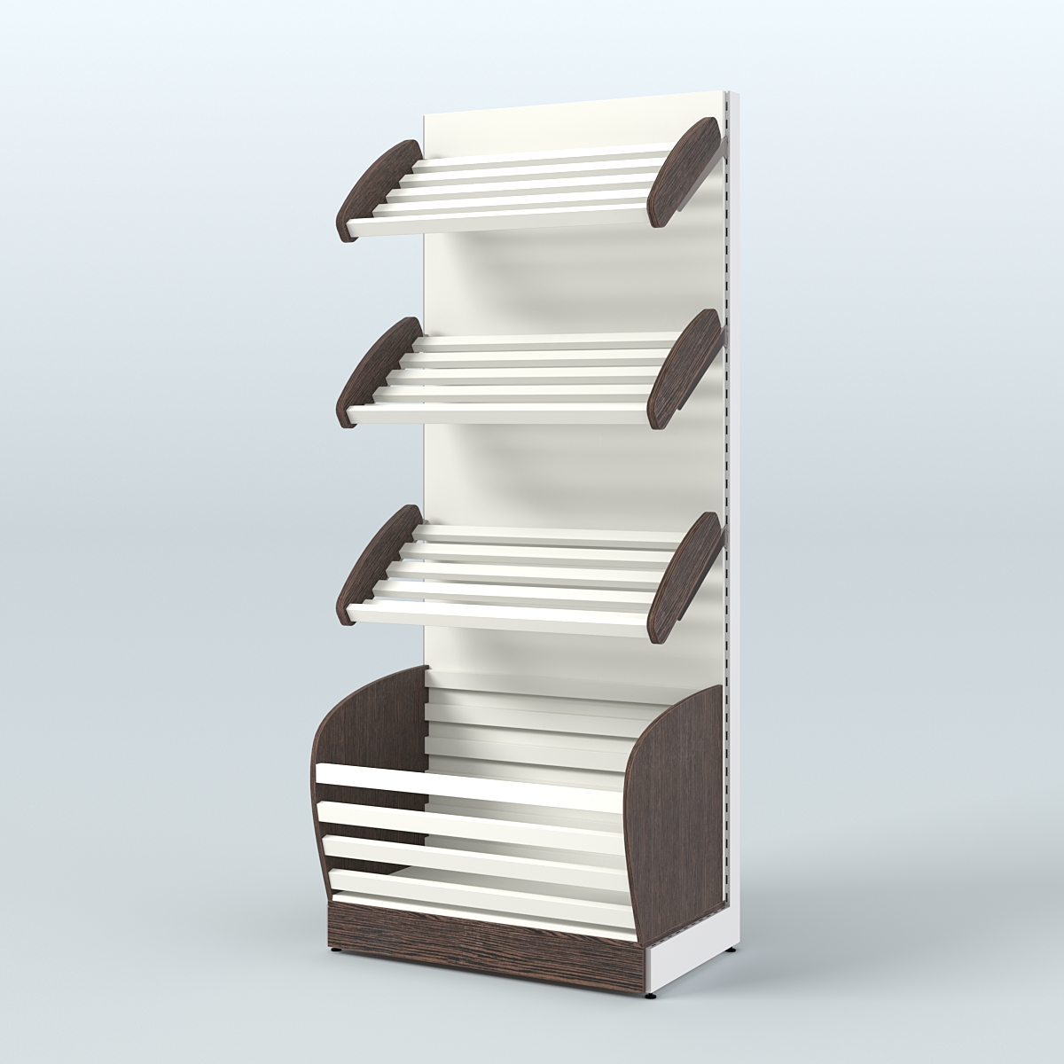 Пристенный стеллаж для продажи хлеба и выпечки с нижней корзиной - накопителем СХН-01 Дуб Венге + Белый