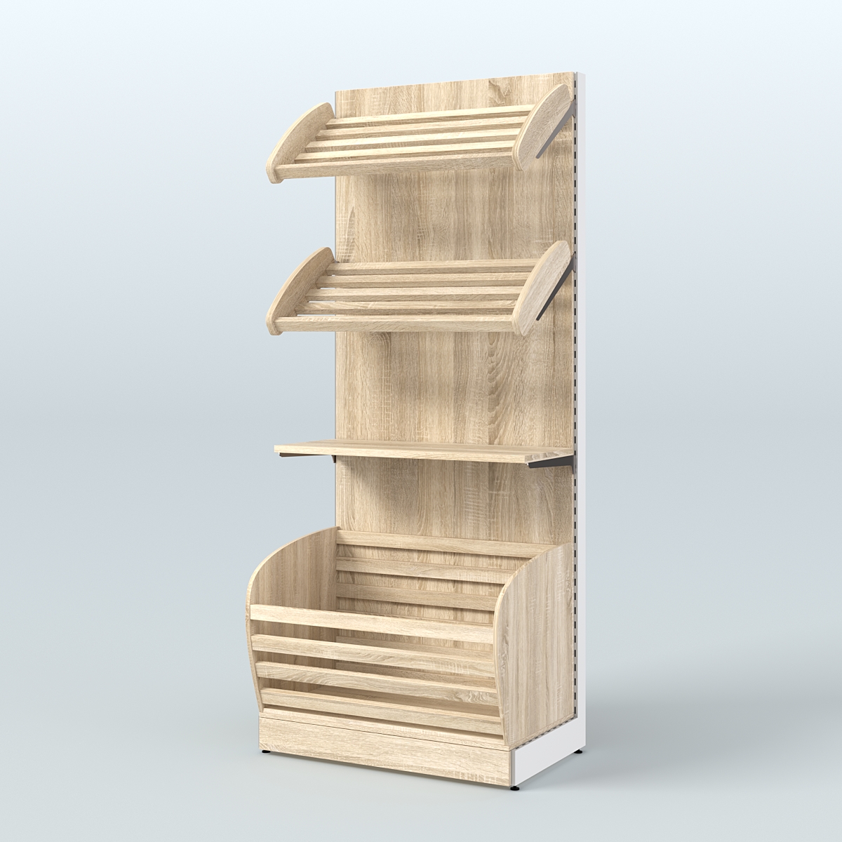 Широкий стеллаж для продажи хлеба и выпечки с нижней корзиной - накопителем СХН-02 Дуб сонома