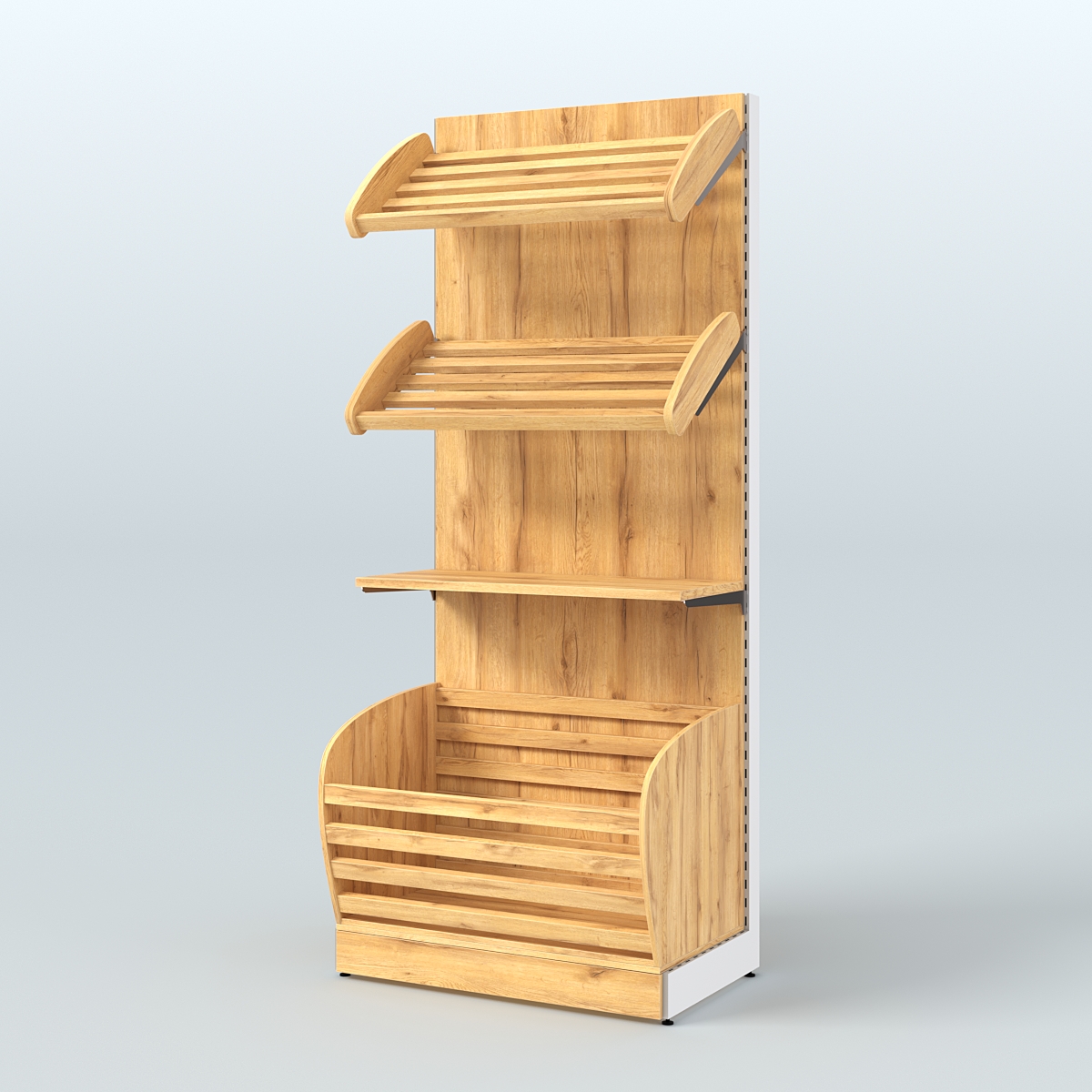 Широкий стеллаж для продажи хлеба и выпечки с нижней корзиной - накопителем СХН-02 Дуб Золотистый