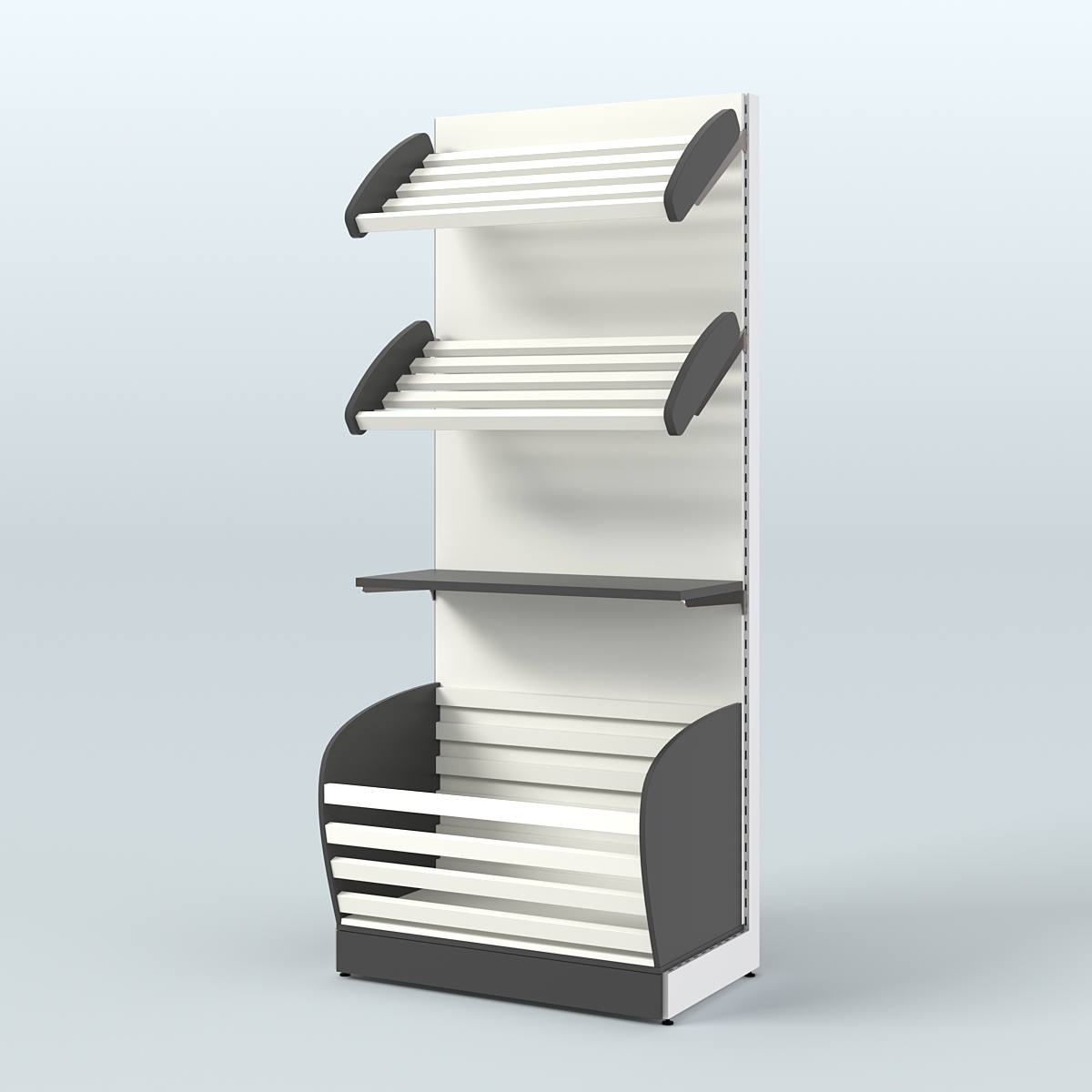 Широкий стеллаж для продажи хлеба и выпечки с нижней корзиной - накопителем СХН-02 Черный и Белый