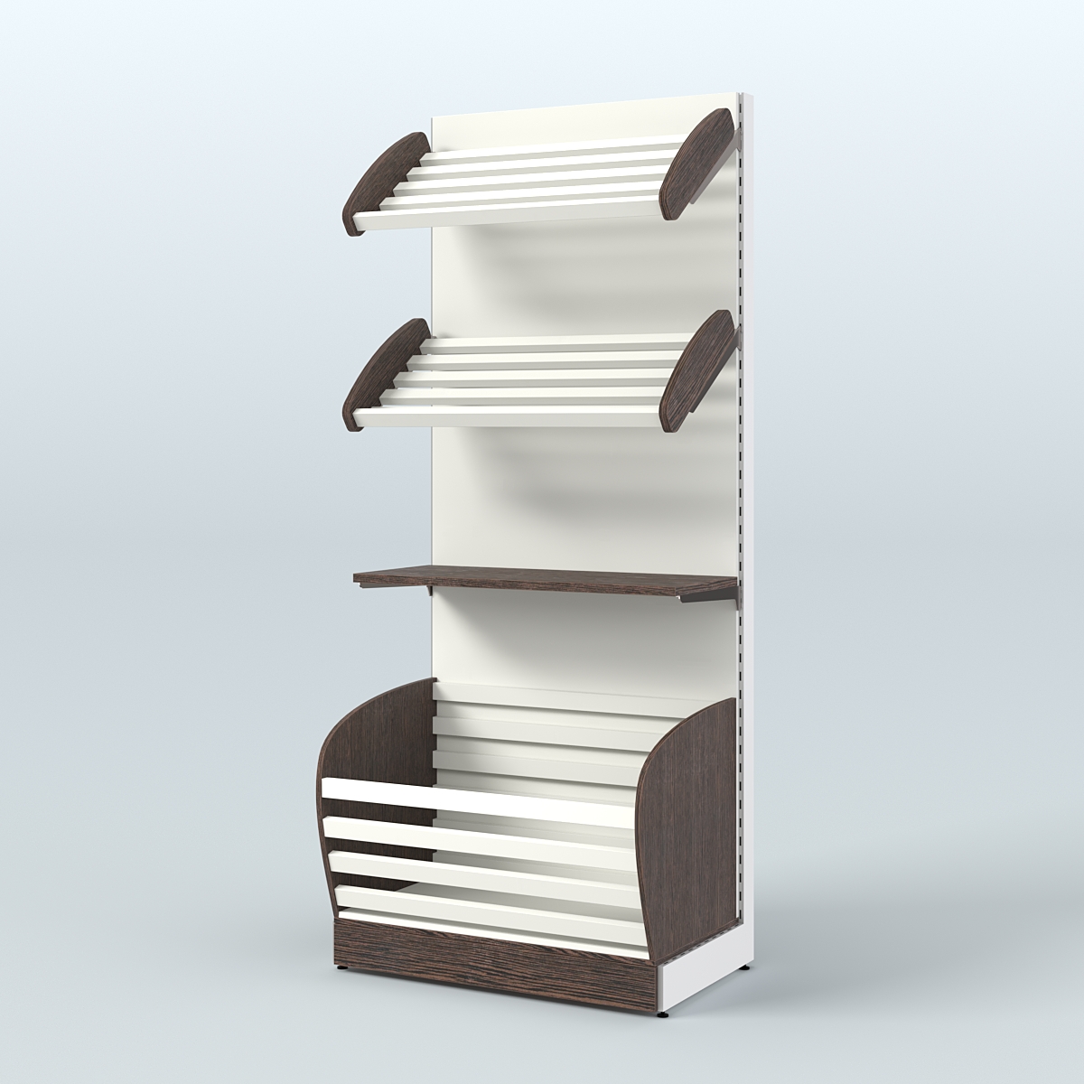 Широкий стеллаж для продажи хлеба и выпечки с нижней корзиной - накопителем СХН-02 Дуб Венге + Белый