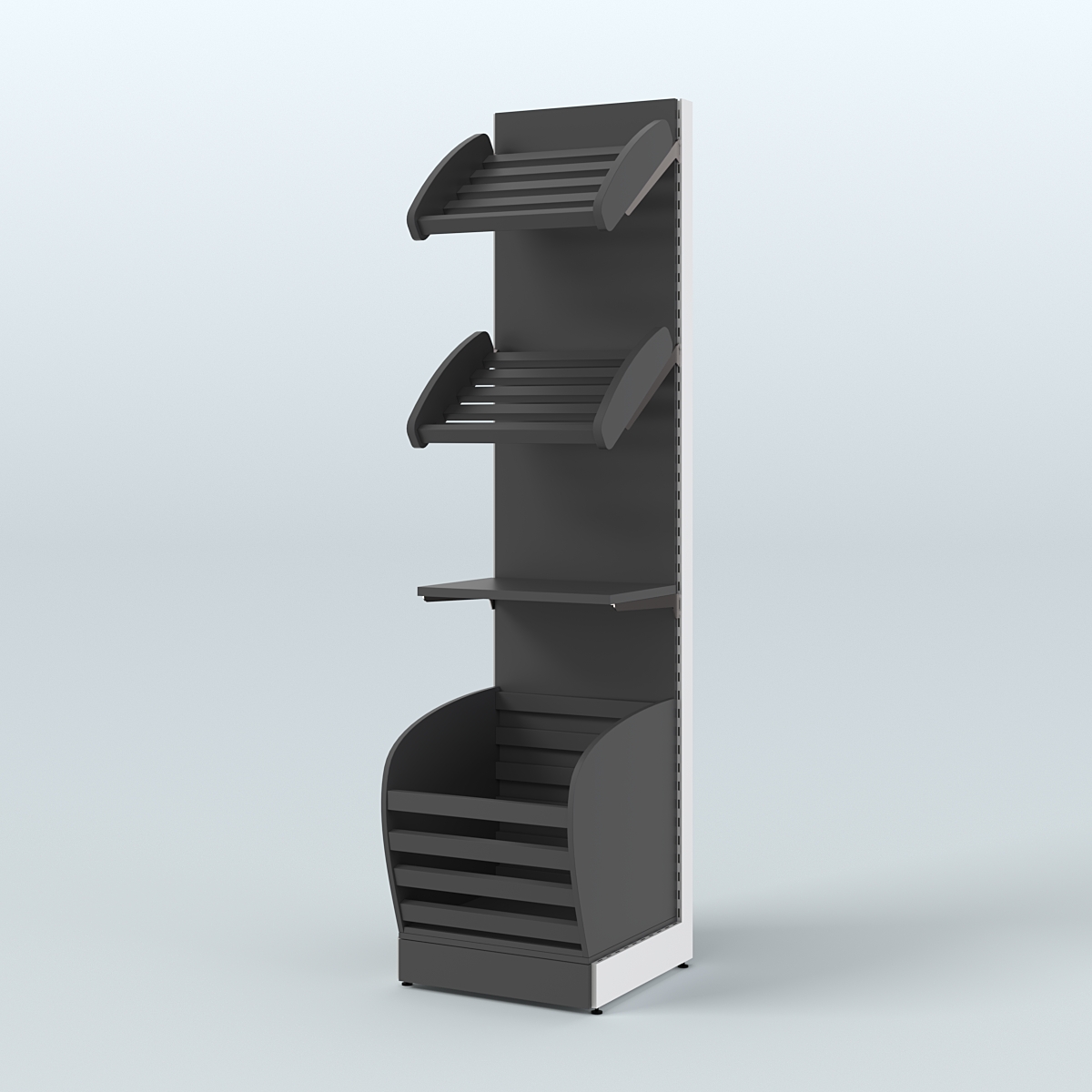 Узкий стеллаж для продажи хлеба и выпечки с нижней корзиной - накопителем СХН-04 Черный