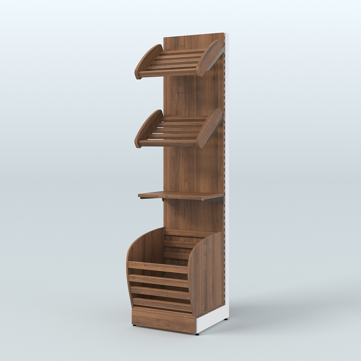 Узкий стеллаж для продажи хлеба и выпечки с нижней корзиной - накопителем СХН-04 Орех