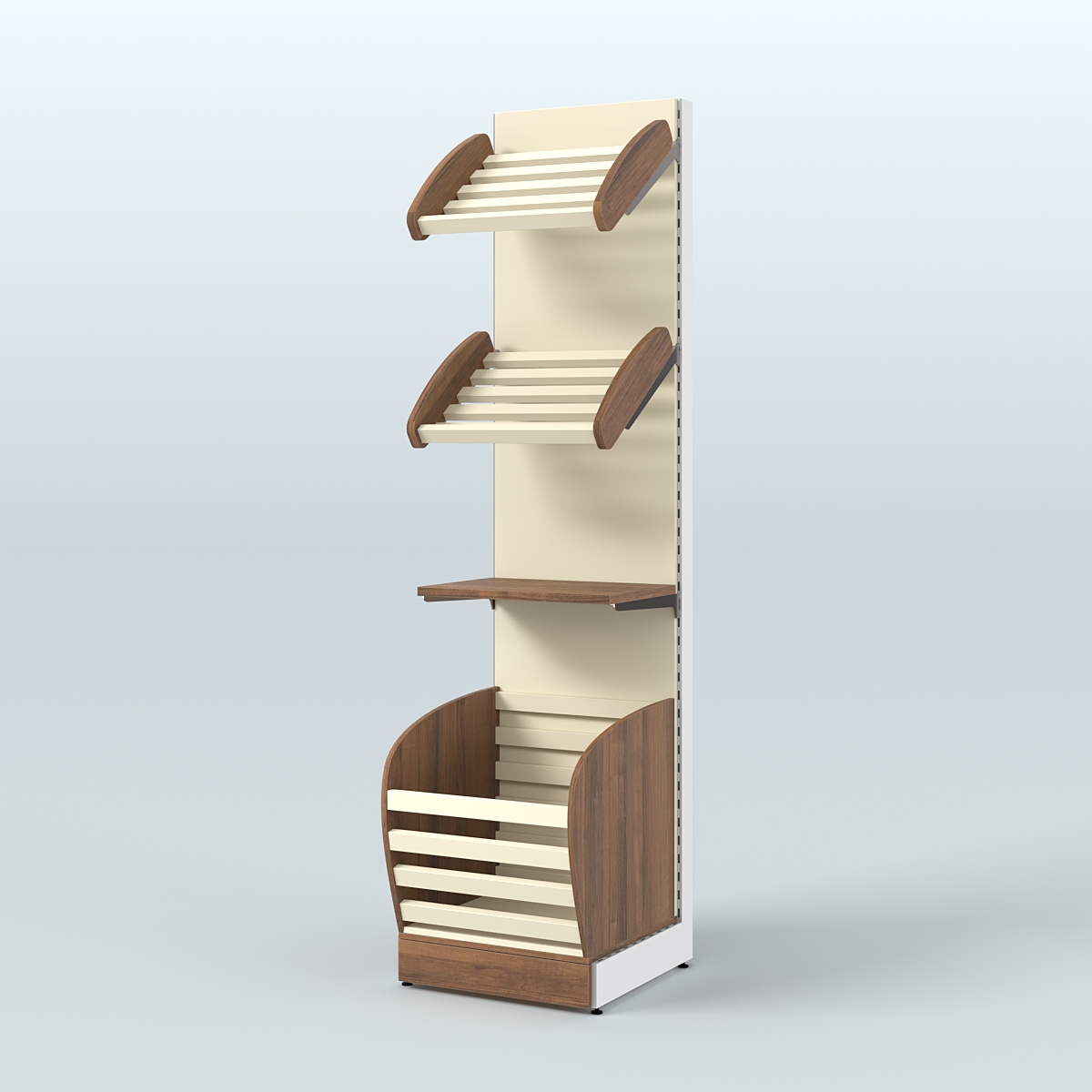 Узкий стеллаж для продажи хлеба и выпечки с нижней корзиной - накопителем СХН-04 Орех + Крем Вайс