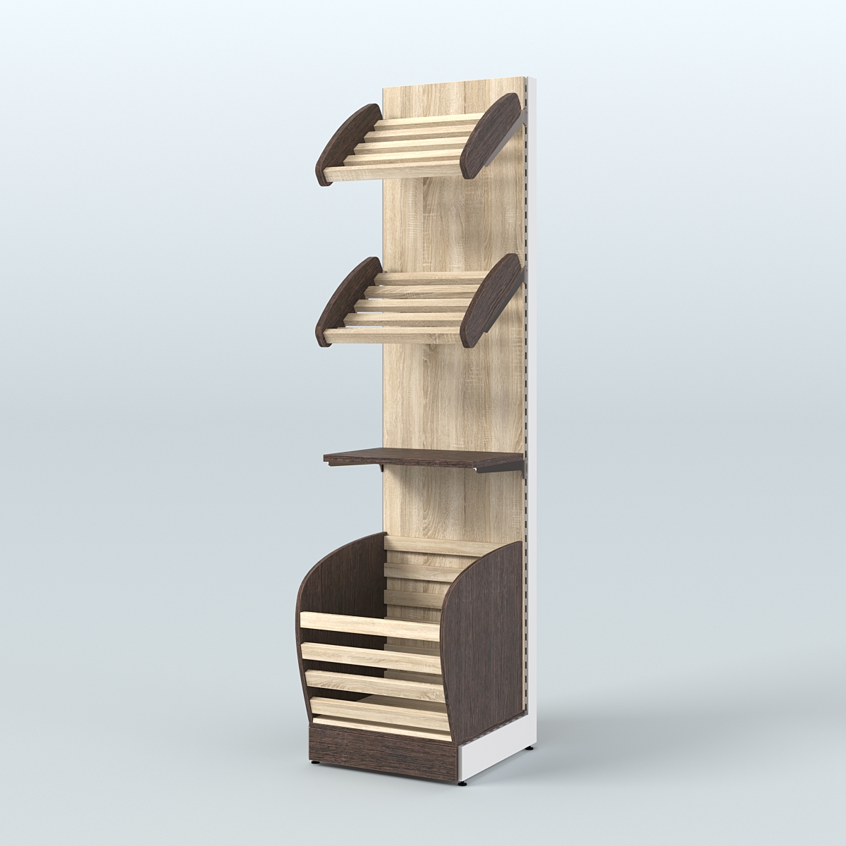 Узкий стеллаж для продажи хлеба и выпечки с нижней корзиной - накопителем СХН-04 Дуб Венге + Дуб Сонома