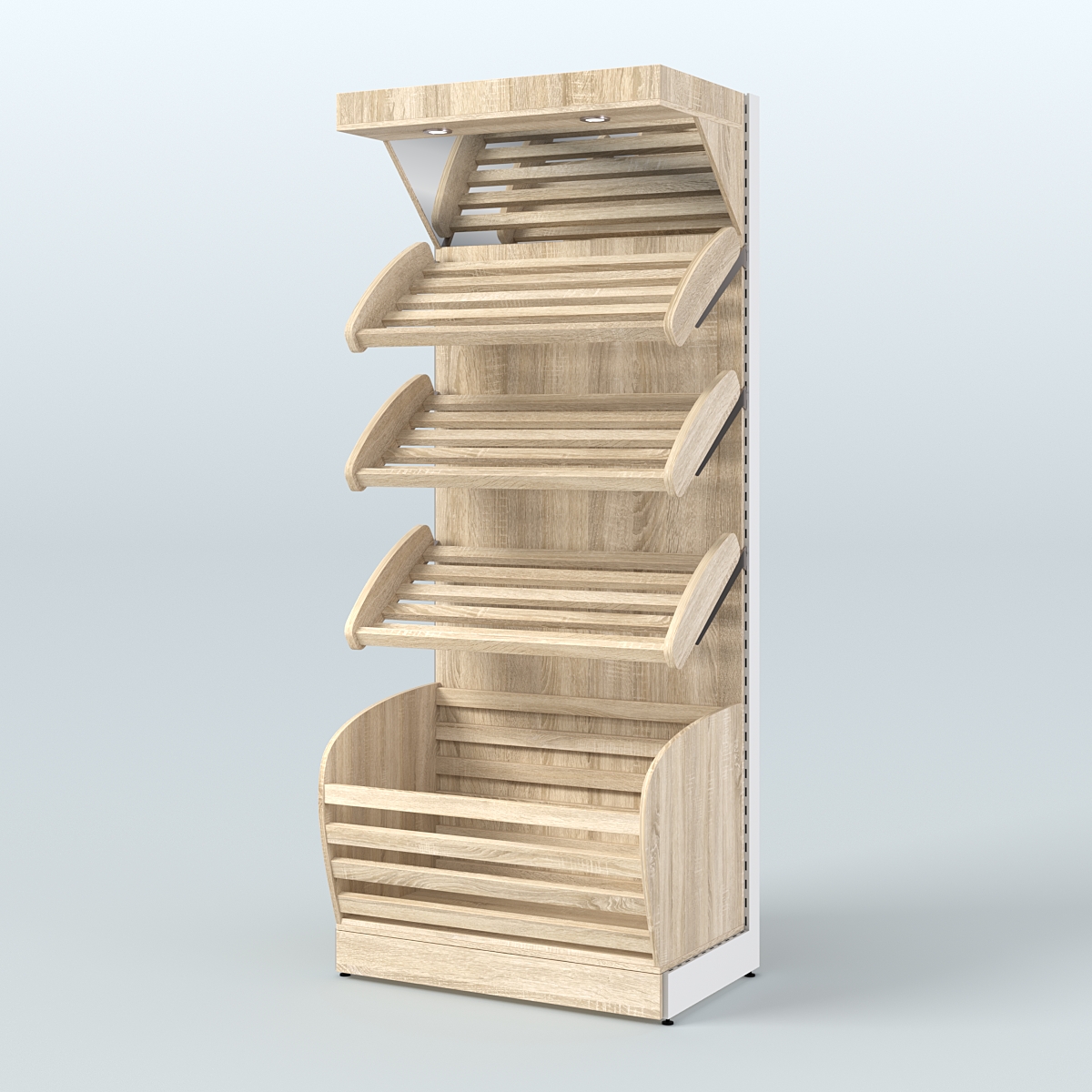 Стеллаж для продажи хлеба и выпечки с нижней корзиной - накопителем и зеркальным фризом СХНФ-01 Дуб сонома