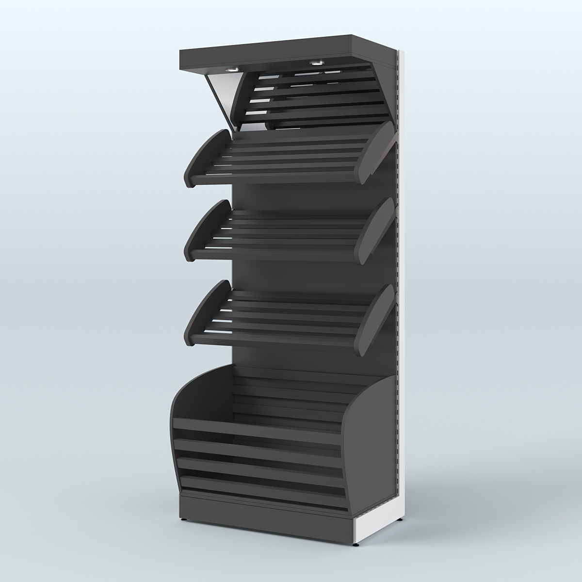 Стеллаж для продажи хлеба и выпечки с нижней корзиной - накопителем и зеркальным фризом СХНФ-01 Черный