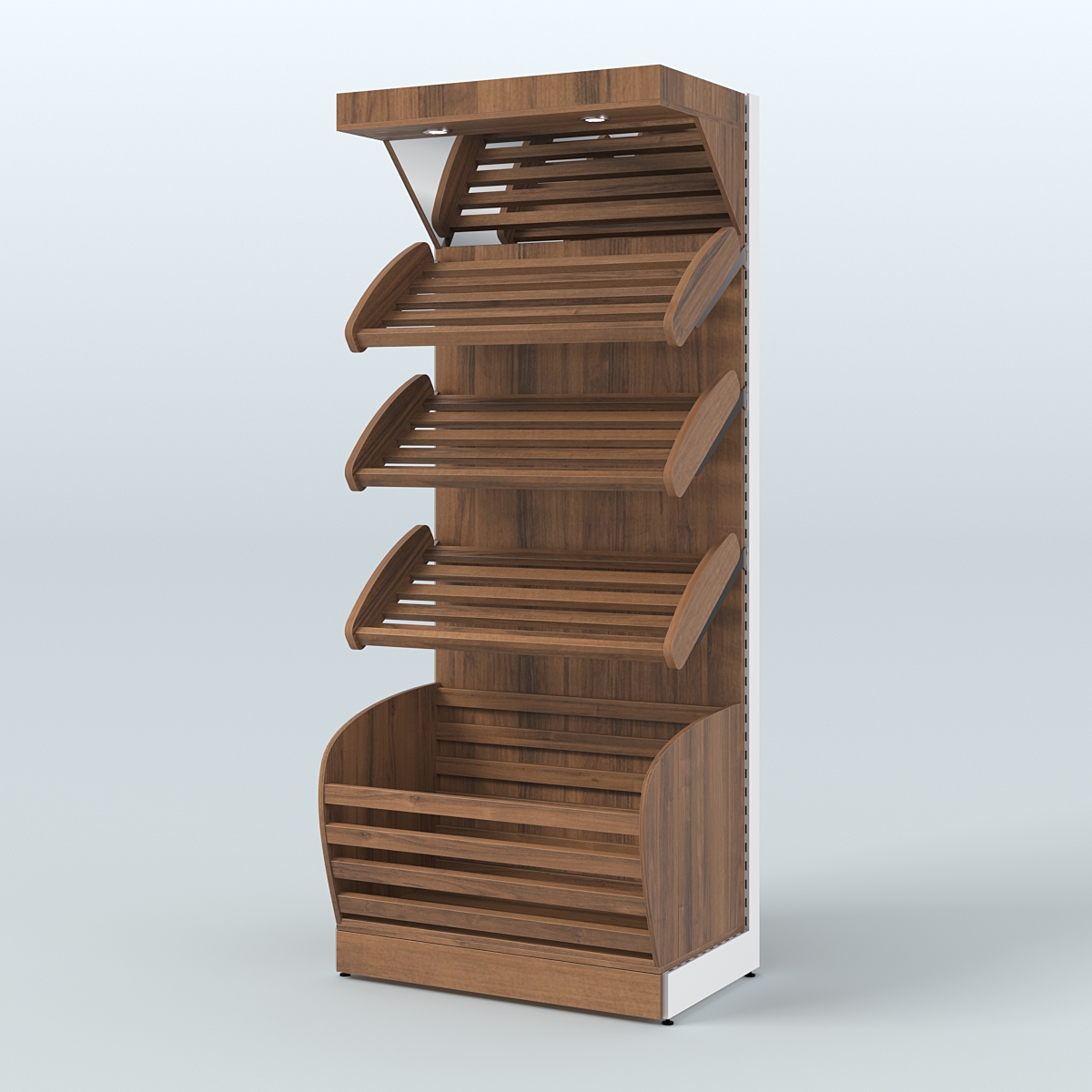 Стеллаж для продажи хлеба и выпечки с нижней корзиной - накопителем и зеркальным фризом СХНФ-01 Орех