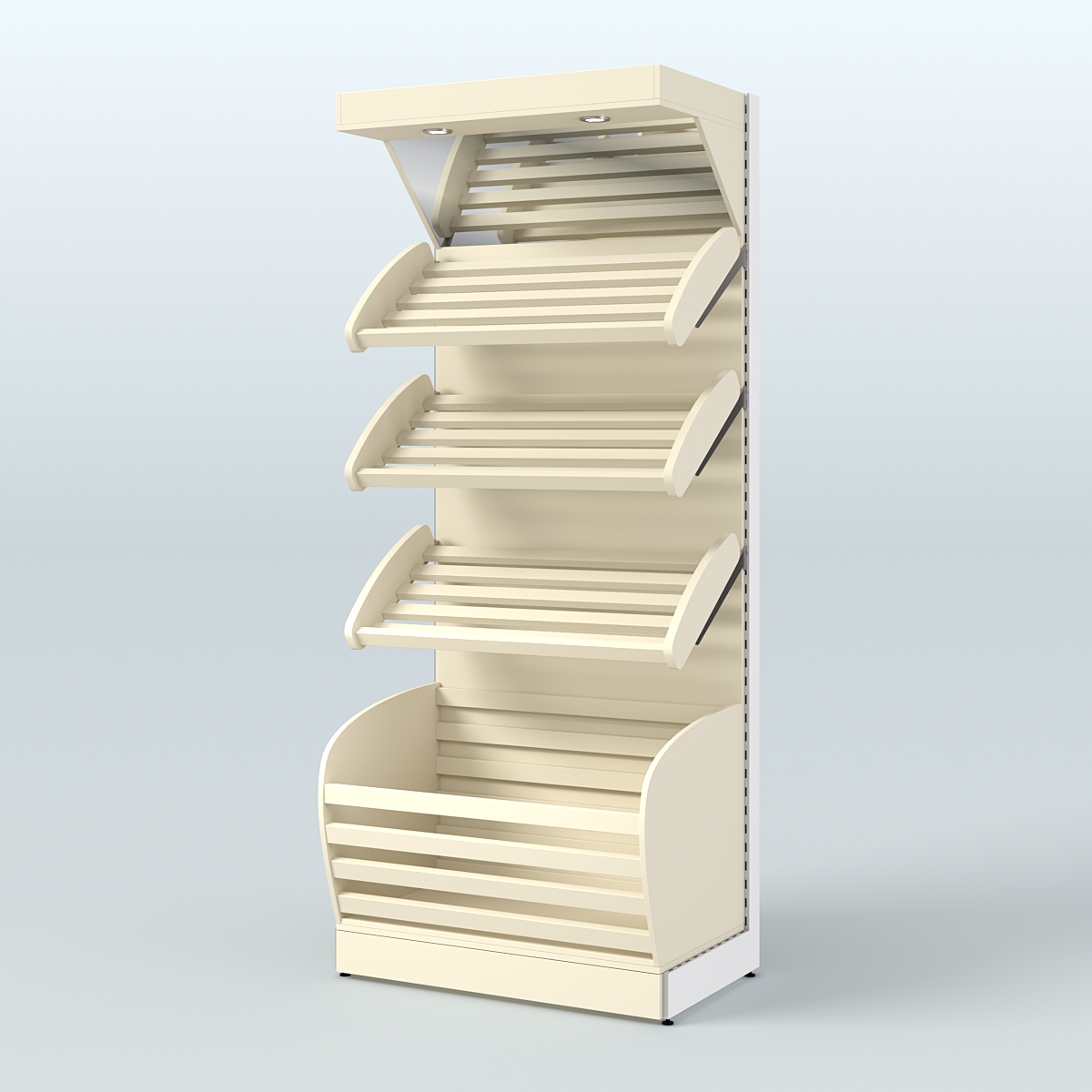 Стеллаж для продажи хлеба и выпечки с нижней корзиной - накопителем и зеркальным фризом СХНФ-01 Крем Вайс